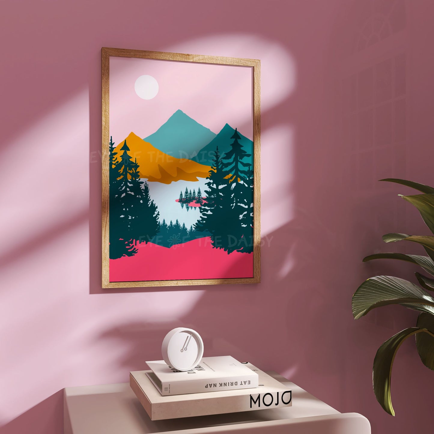 Vibrant abstract landscape print set – colourful mid-century modern wall art set of 6 in pink, teal, orange, downloadable for bedroom