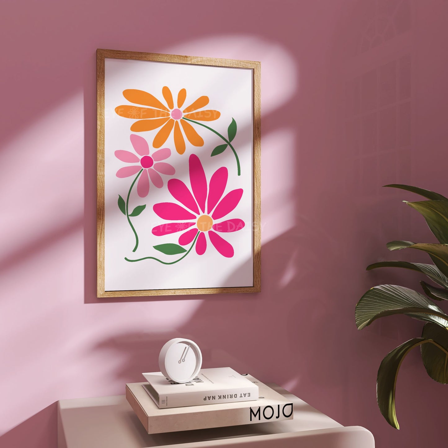 Cute hot pink floral art print digital download, abstract daisy printable wall art for modern bedroom gallery wall, instant poster decor