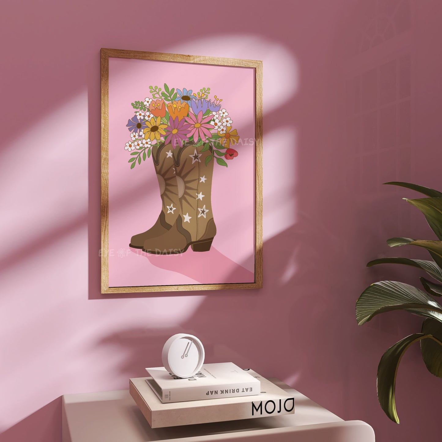 Pink and tan cowgirl boots with floral bouquet, dopamine decor printable wall art download for nursery, dorm, or girls room gallery wall