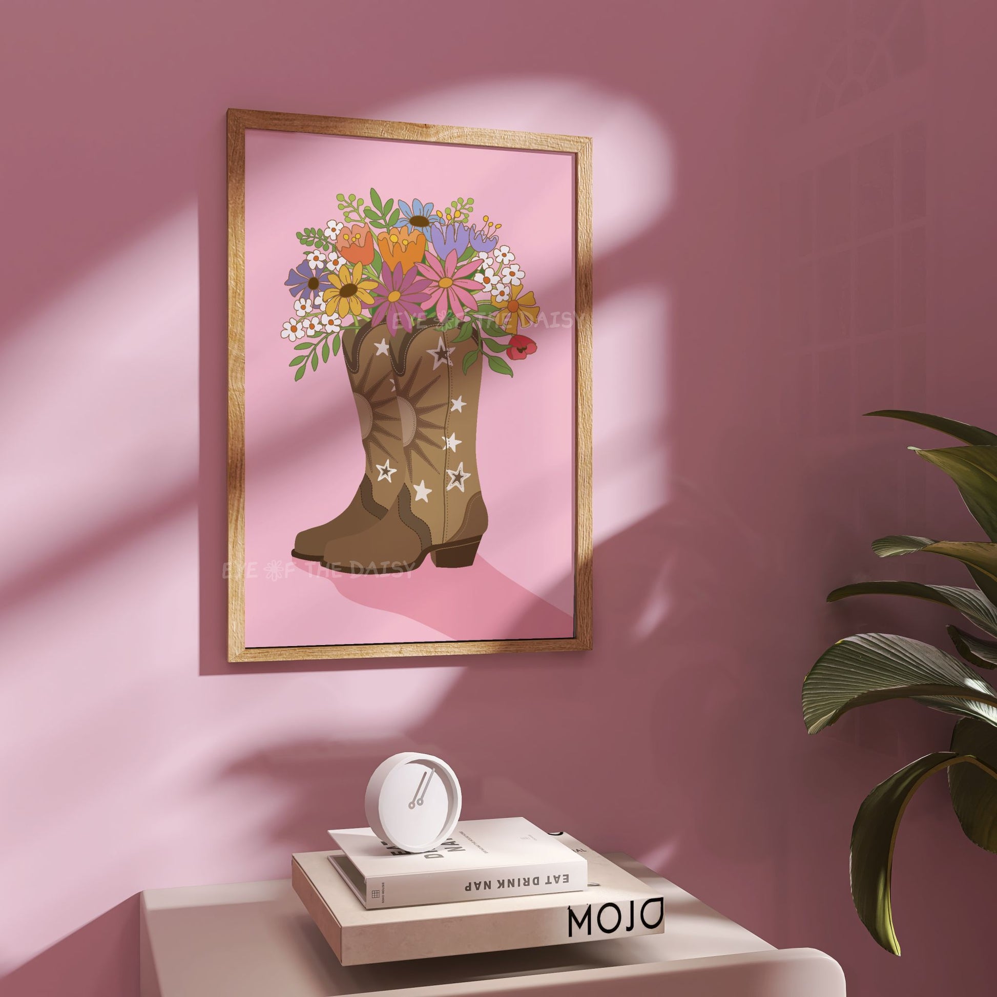 Pink and tan cowgirl boots with floral bouquet, dopamine decor printable wall art download for nursery, dorm, or girls room gallery wall