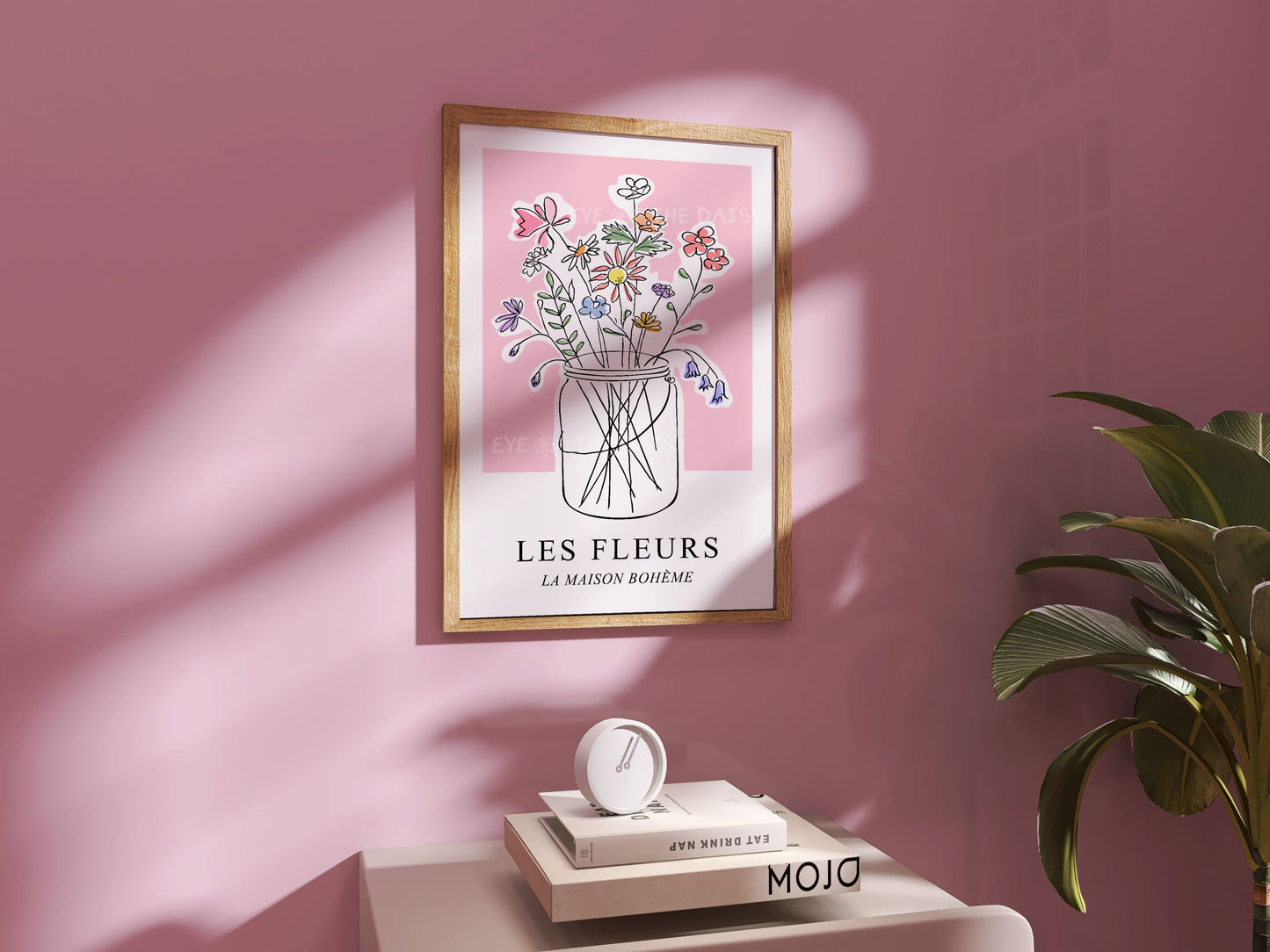 Pastel minimal modern abstract floral art print in a pink bedroom, great for girly feminine bedroom wall decor