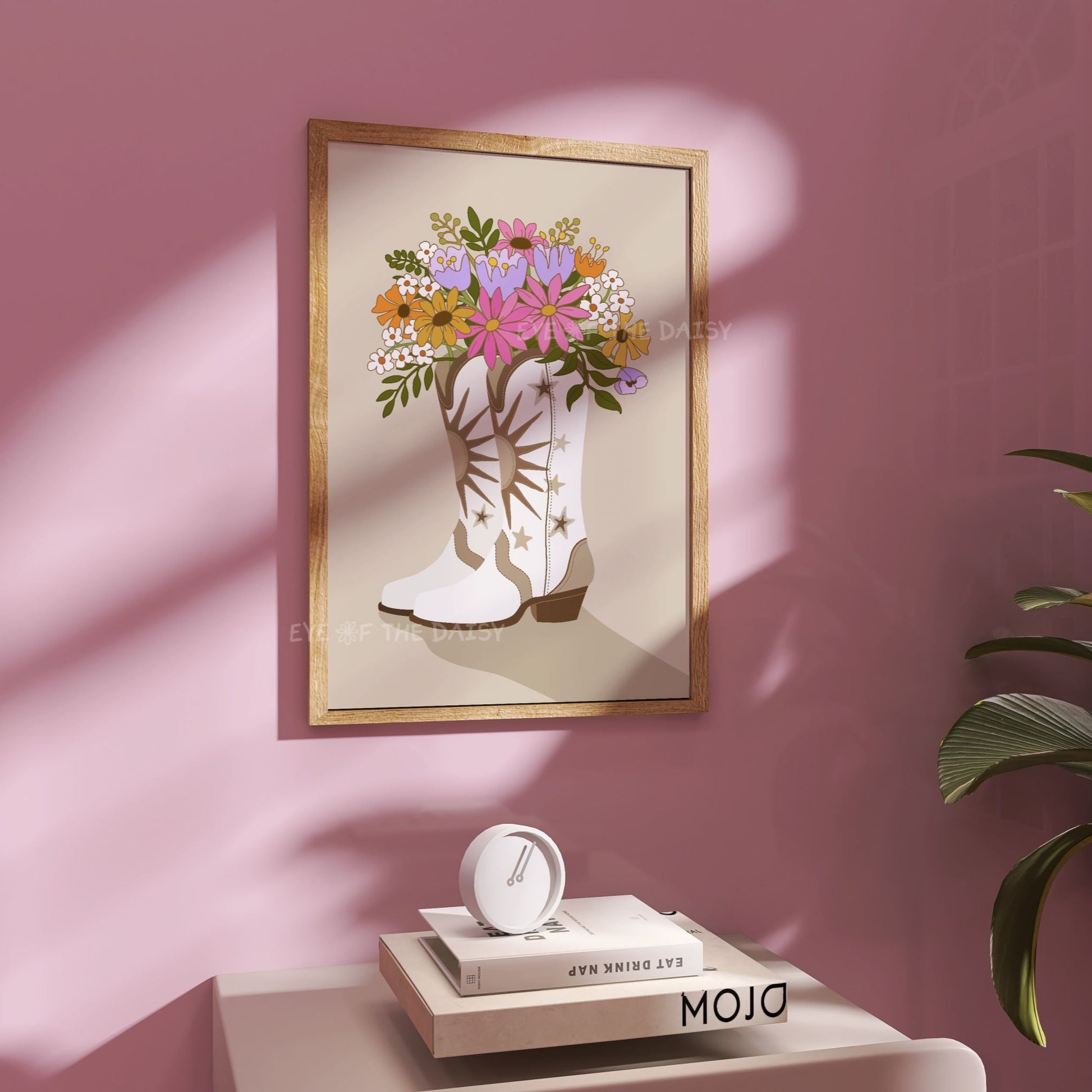 Boho cowgirl boots printable poster with flowers, retro wall art digital download for trendy girls room or college dorm wall