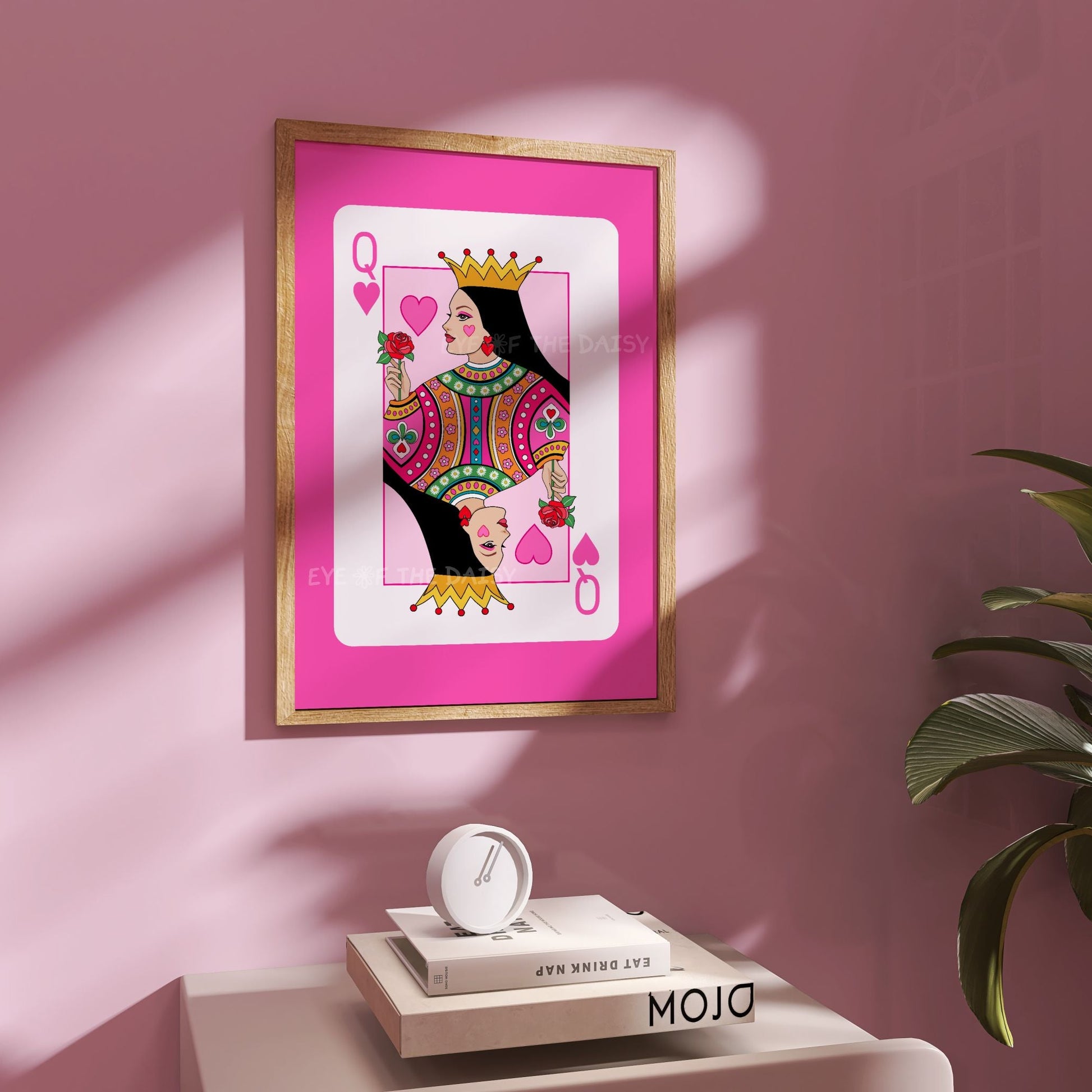 Retro Queen of Hearts wall art – funky pink digital download, perfect printable poster for bold vintage-inspired room decor