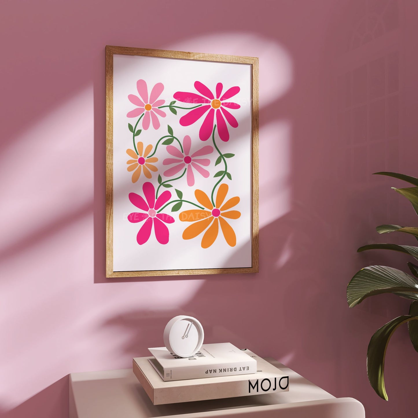 Hot pink floral digital art print for bright eclectic apartment wall decor, downloadable daisy poster for gallery wall in bold colors