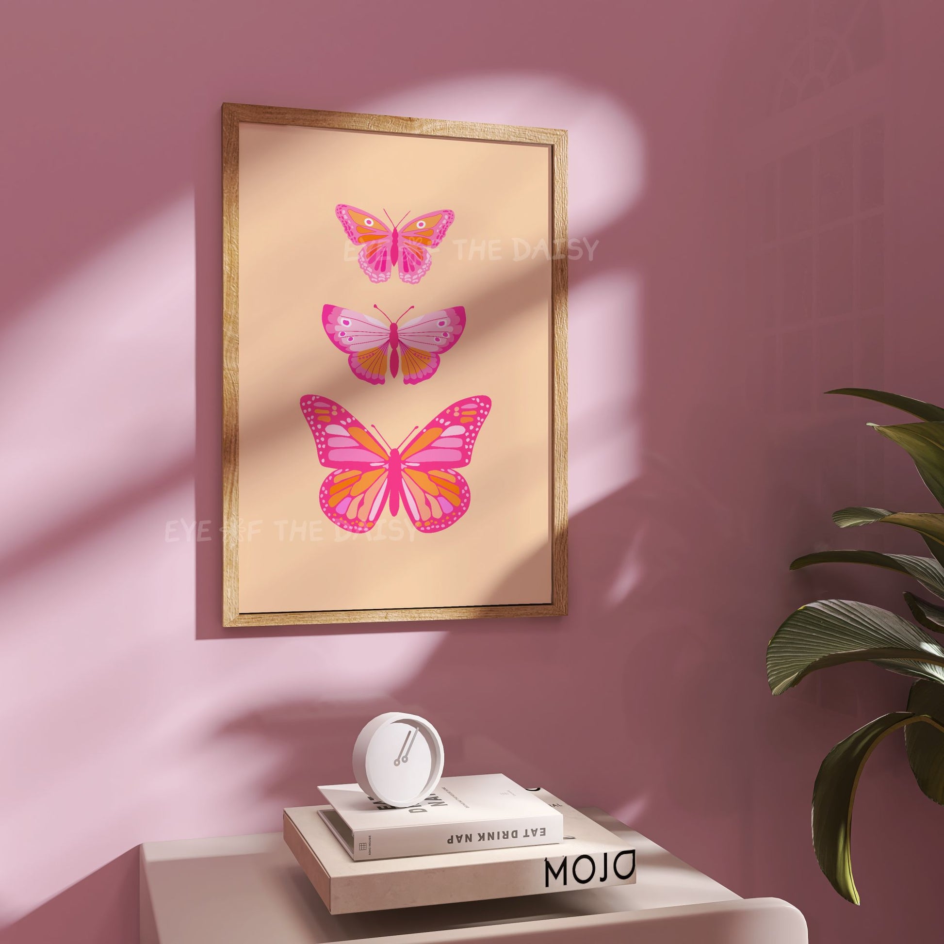 Hot pink & orange retro butterfly print digital download, downloadable art for trendy dorm room or college apartment gallery wall