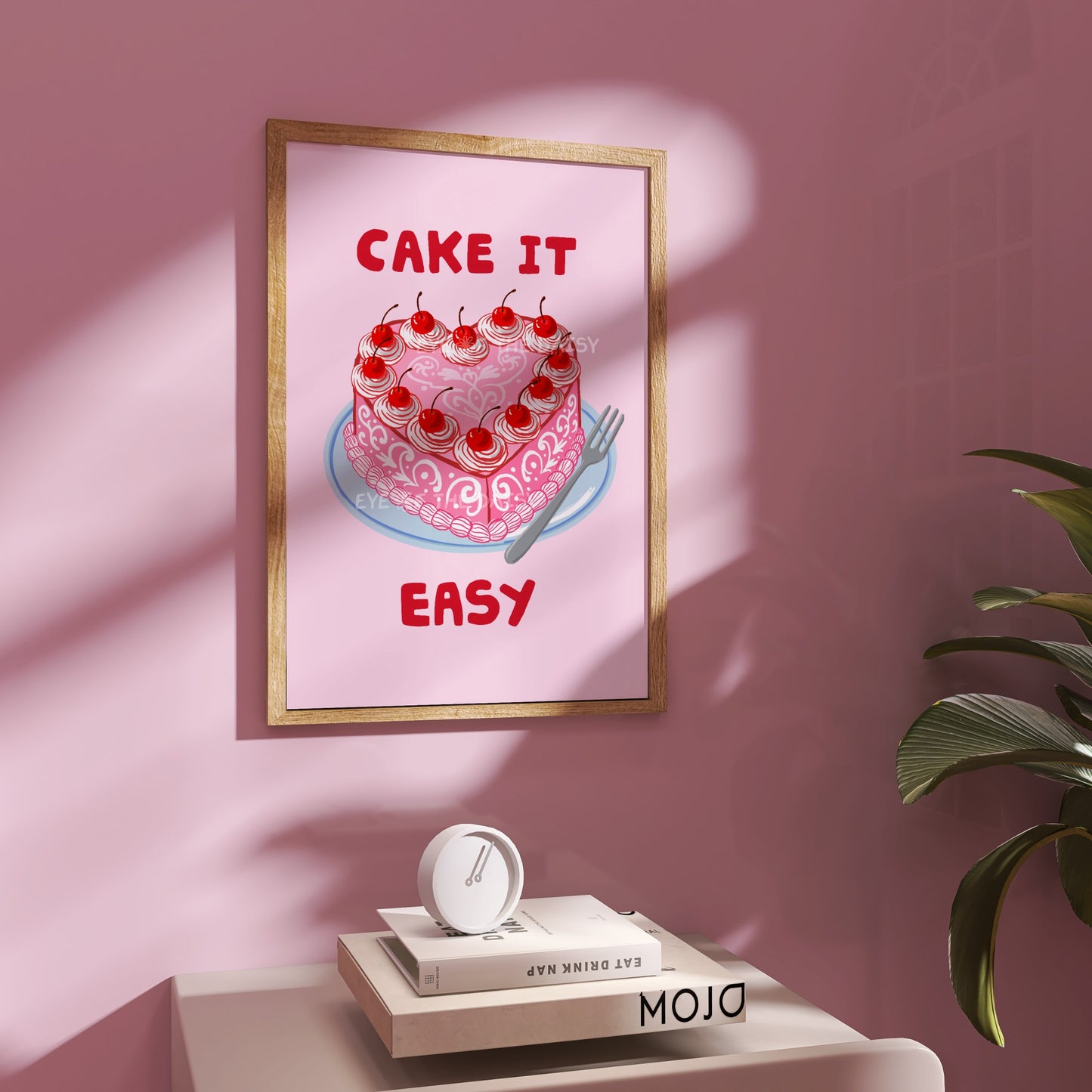 Coquette heart cake printable wall art, with hand drawn illustration of a retro style cherry heart cake in pink, red, with funny quote