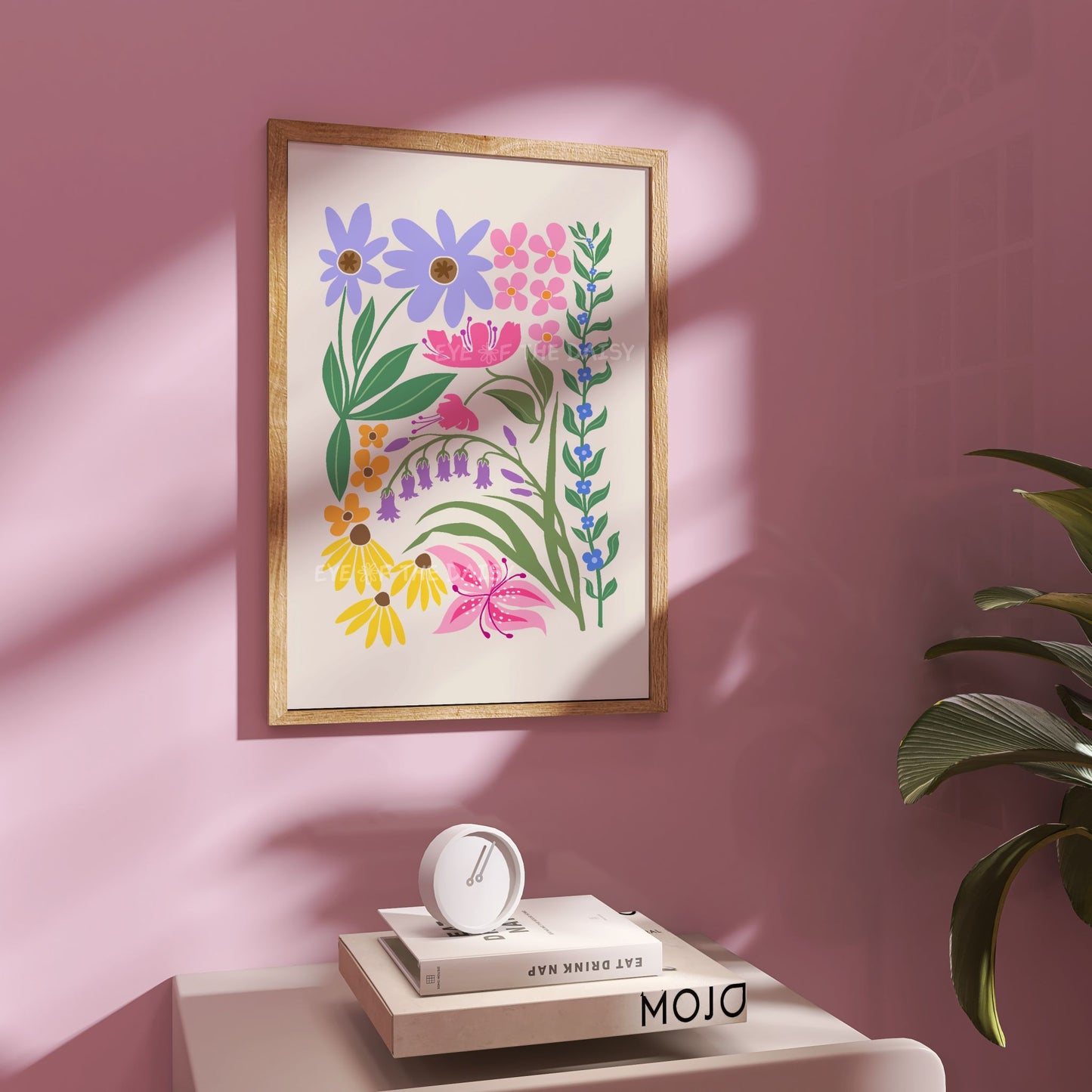 Colourful floral print with bright pink, lilac, purple, blue, green, yellow and orange abstract flowers intertwining, perfect trendy dorm decor