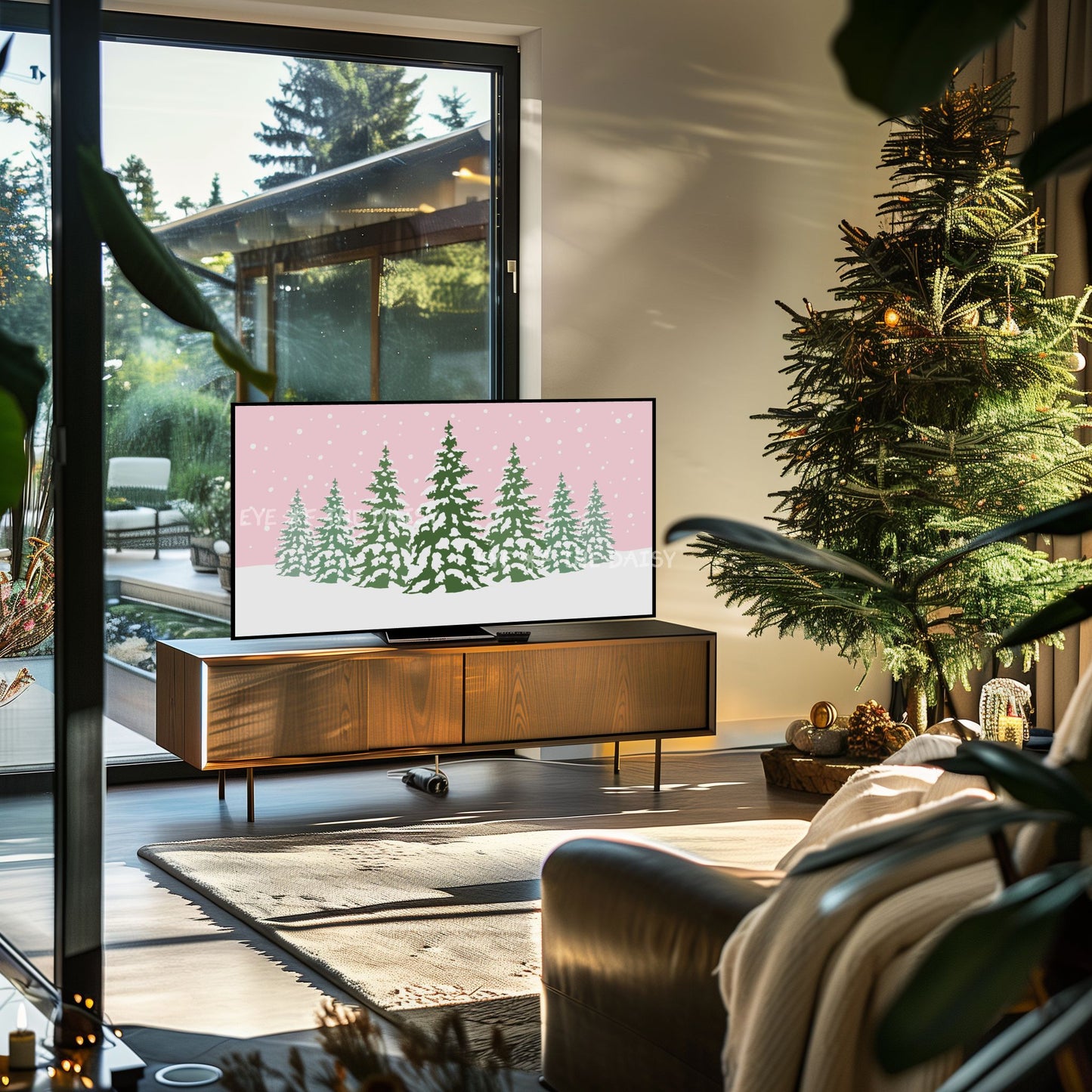 Pink Christmas Trees 4K TV Art | Cute Pink Holiday Snowy Landscape TV Artwork 4K