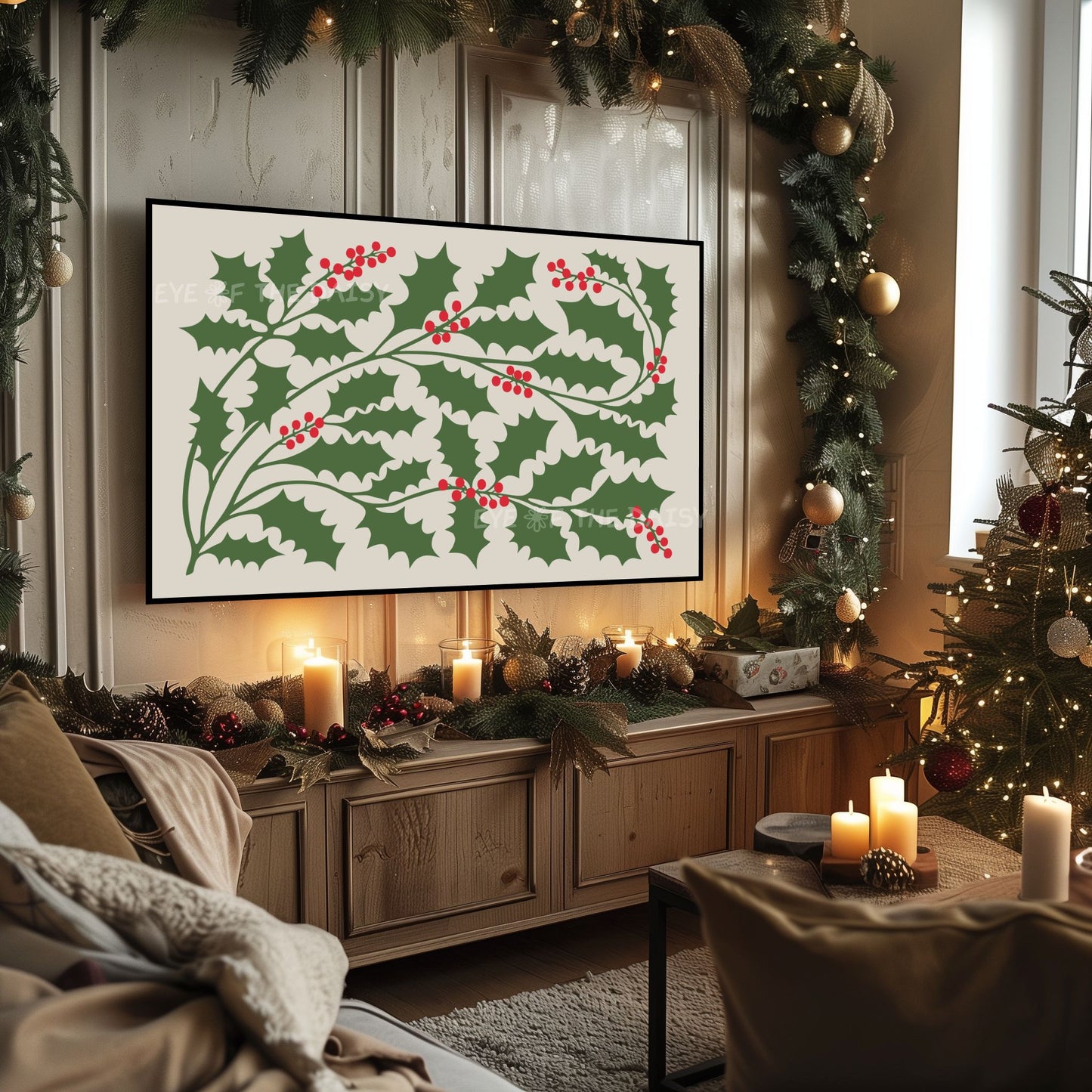 Abstract Holly 4K TV Art | Nordic Christmas Art for TV Screen