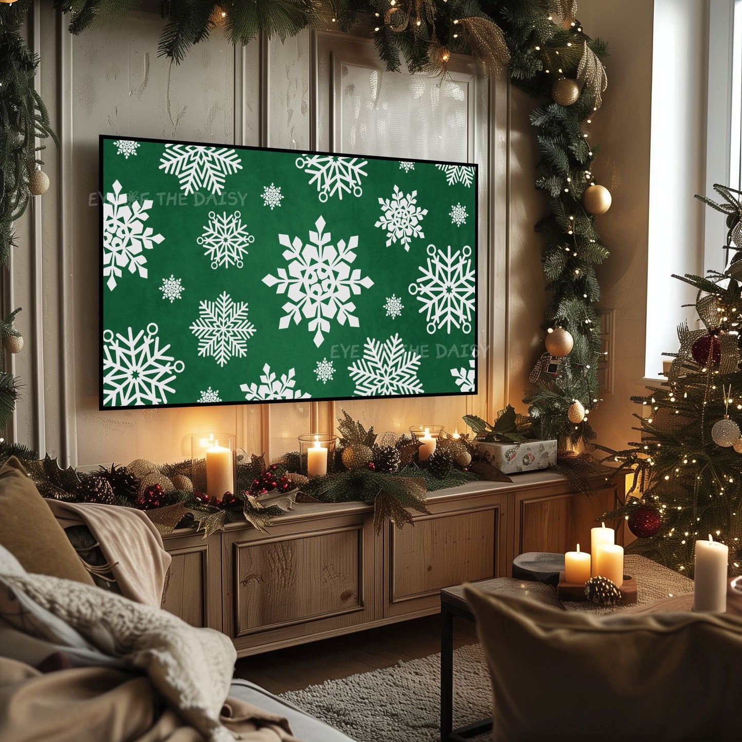 Dark Green Snowflakes Christmas TV Art 4K | Traditional Holiday 4K TV Artwork