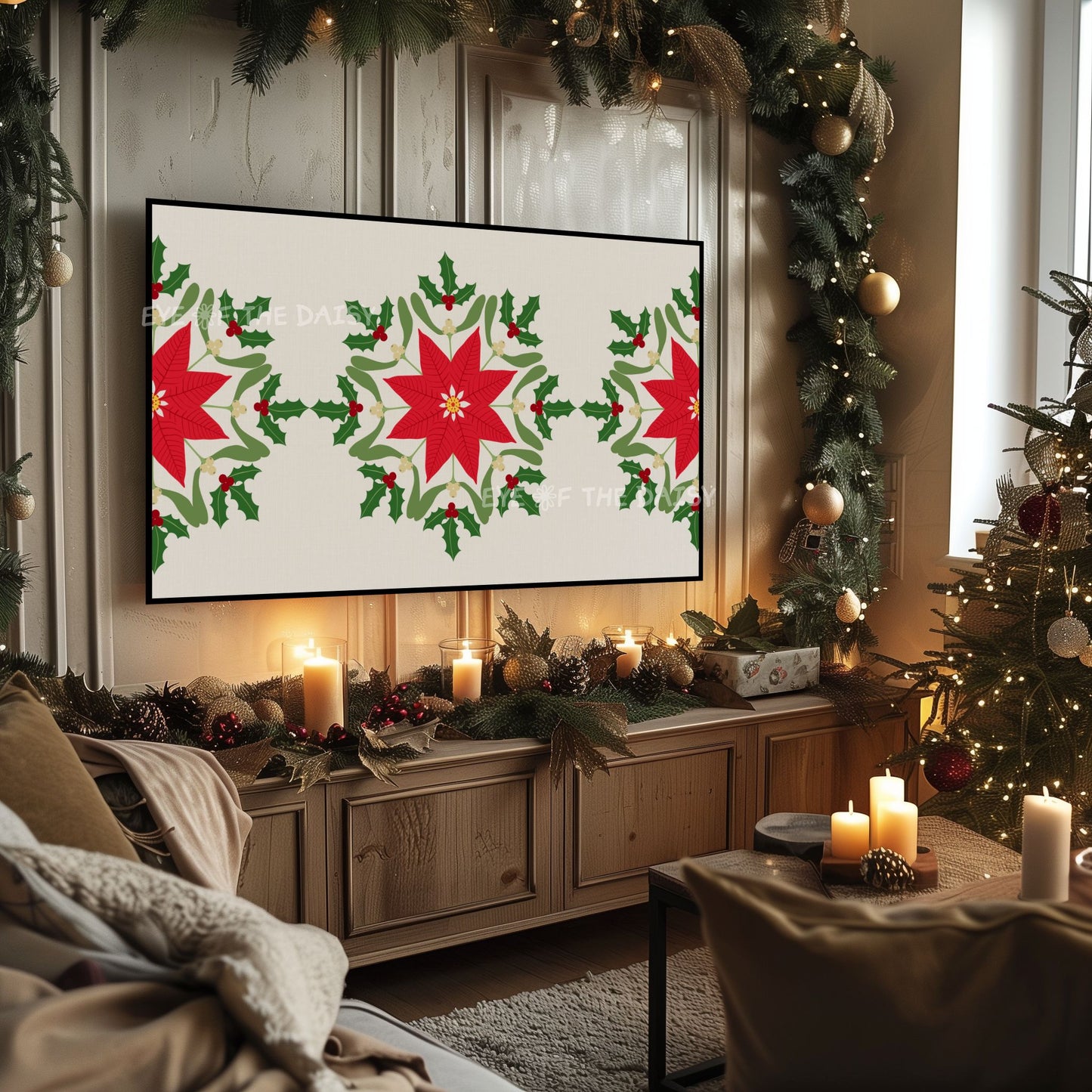 Christmas Mandala 4K TV Art | Traditional Holiday Poinsettia Holly Mistletoe TV Artwork