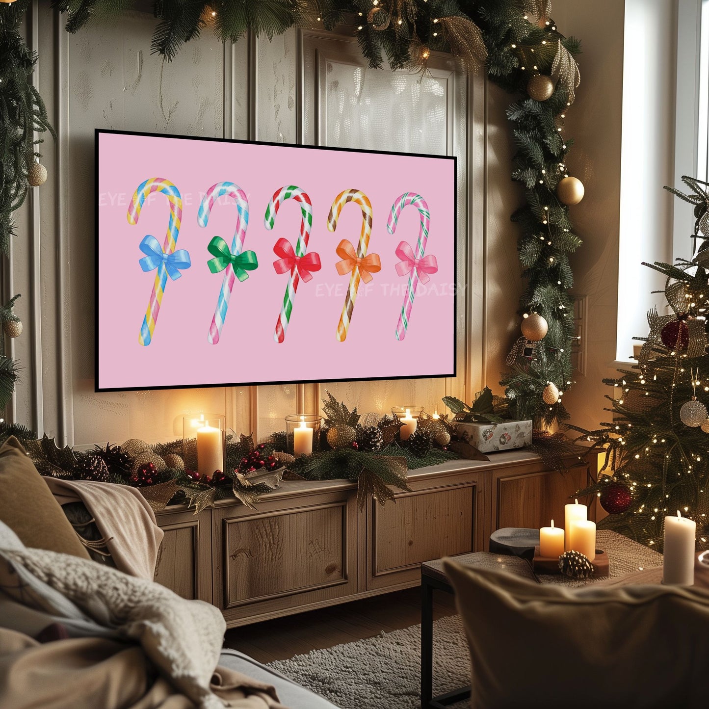 Pink Christmas TV Art 4K | Colourful Holiday Candy Canes Art for TV Screen