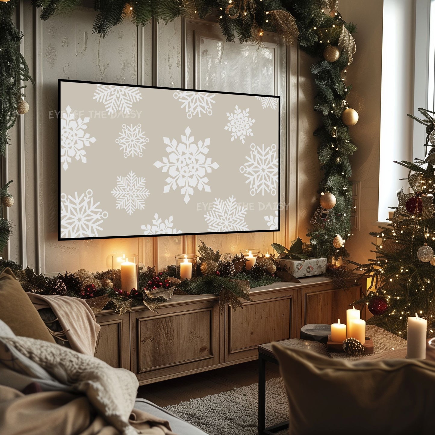Beige White Neutral Christmas 4K TV Art | Minimal Holiday Snowflakes TV Artwork 4K