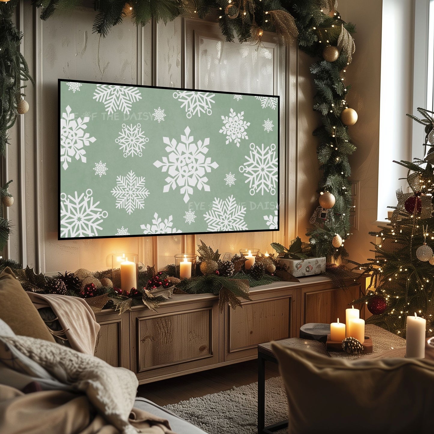 Sage Green Boho Christmas TV Art 4K | Sage Green Holiday Decor 4K TV Artwork
