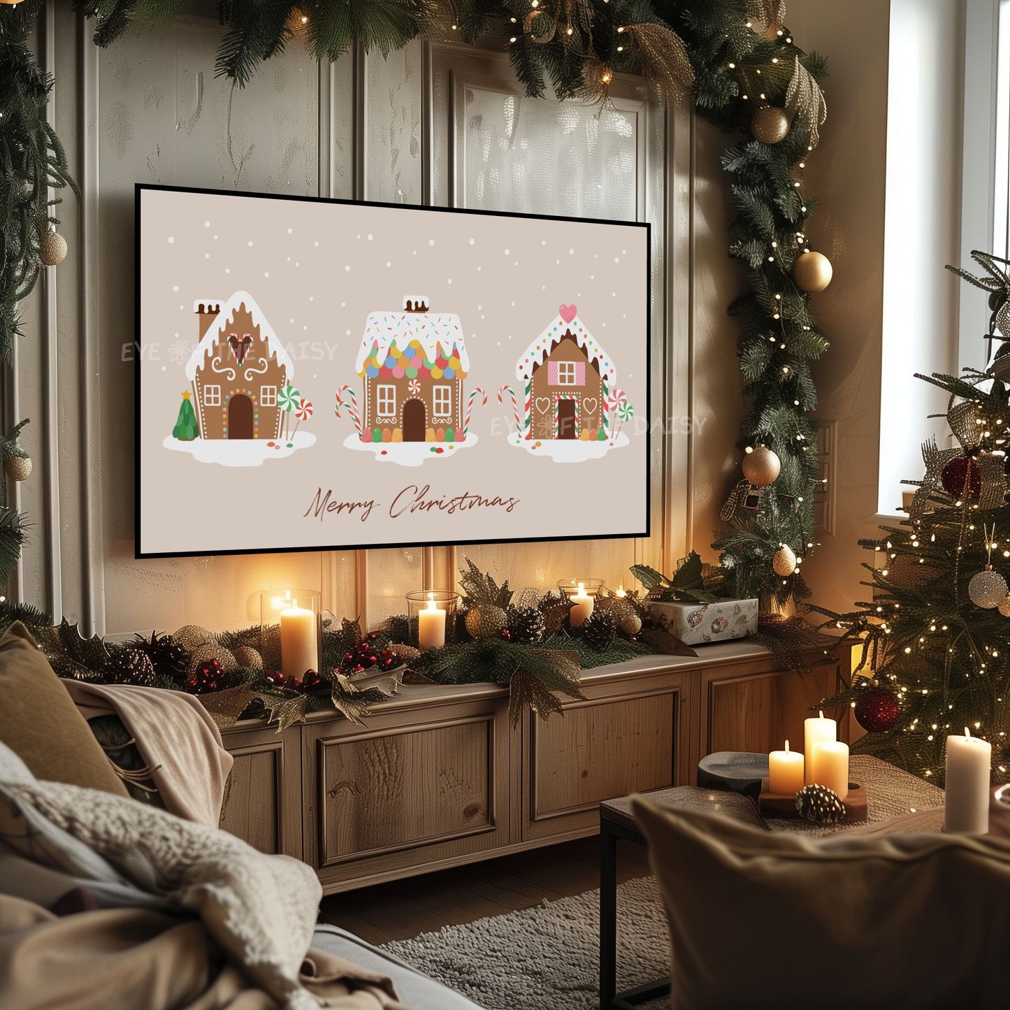 Beige Merry Christmas Phrase 4K TV Art | Neutral Holiday Gingerbread Houses TV Art 4K