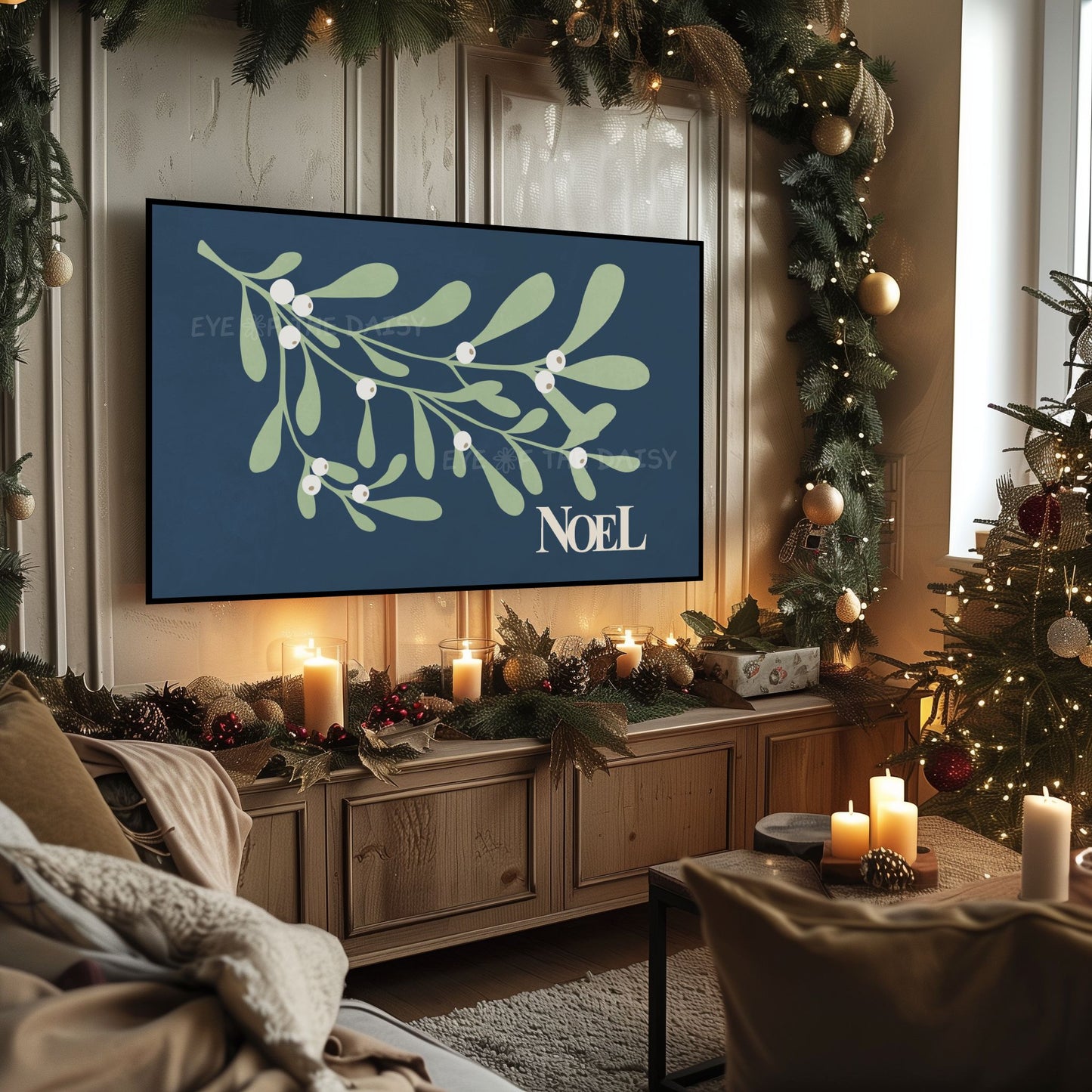 Navy Blue Christmas Botanical 4K TV Art | Holiday Mistletoe Art for TV Screen 4K