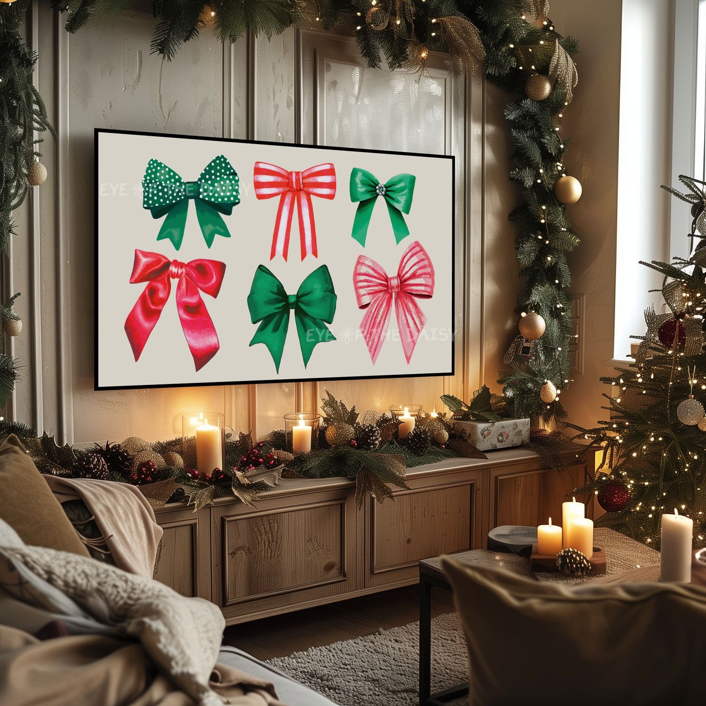 Red Green Bows & Ribbons 4K TV Art | Traditional Christmas Art for TV Screen