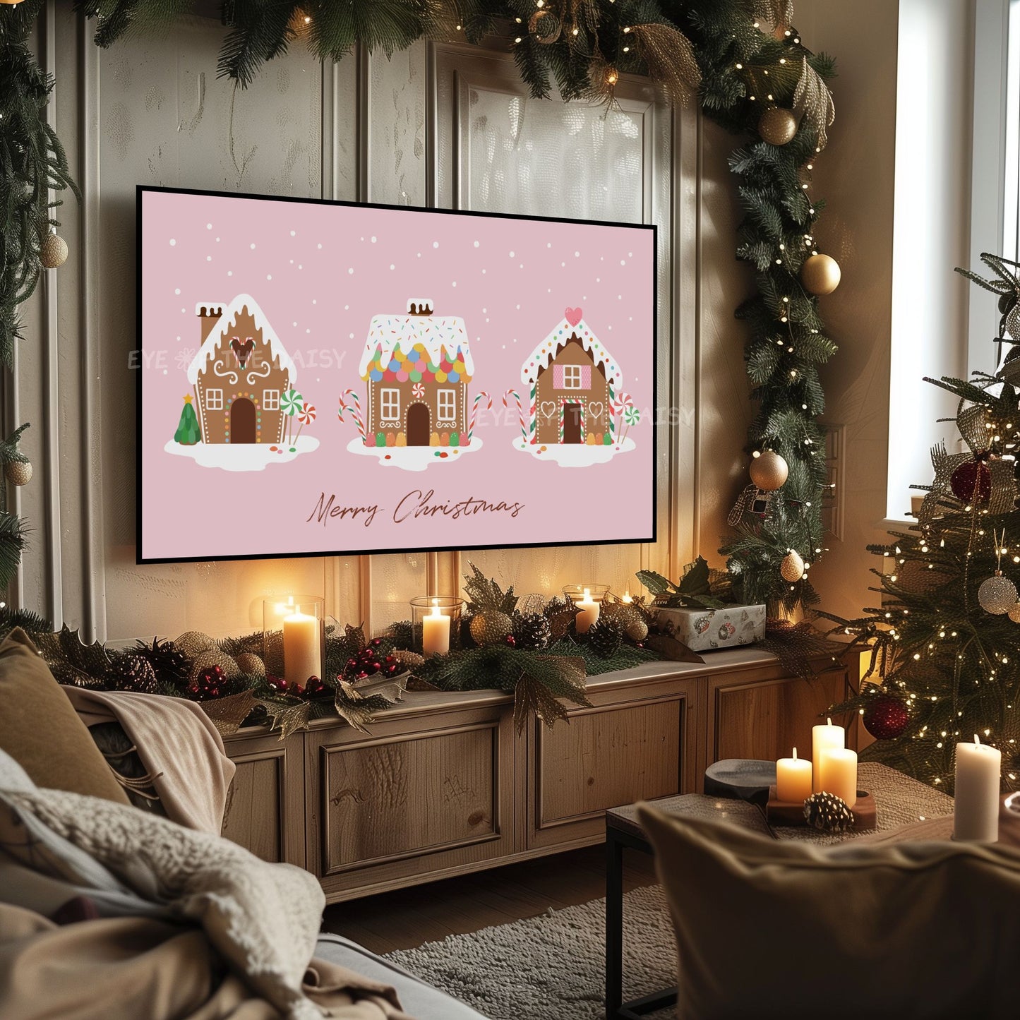 Pastel Pink Christmas Phrase 4K TV Art | Holiday Gingerbread Houses 4K Art for TV Screen