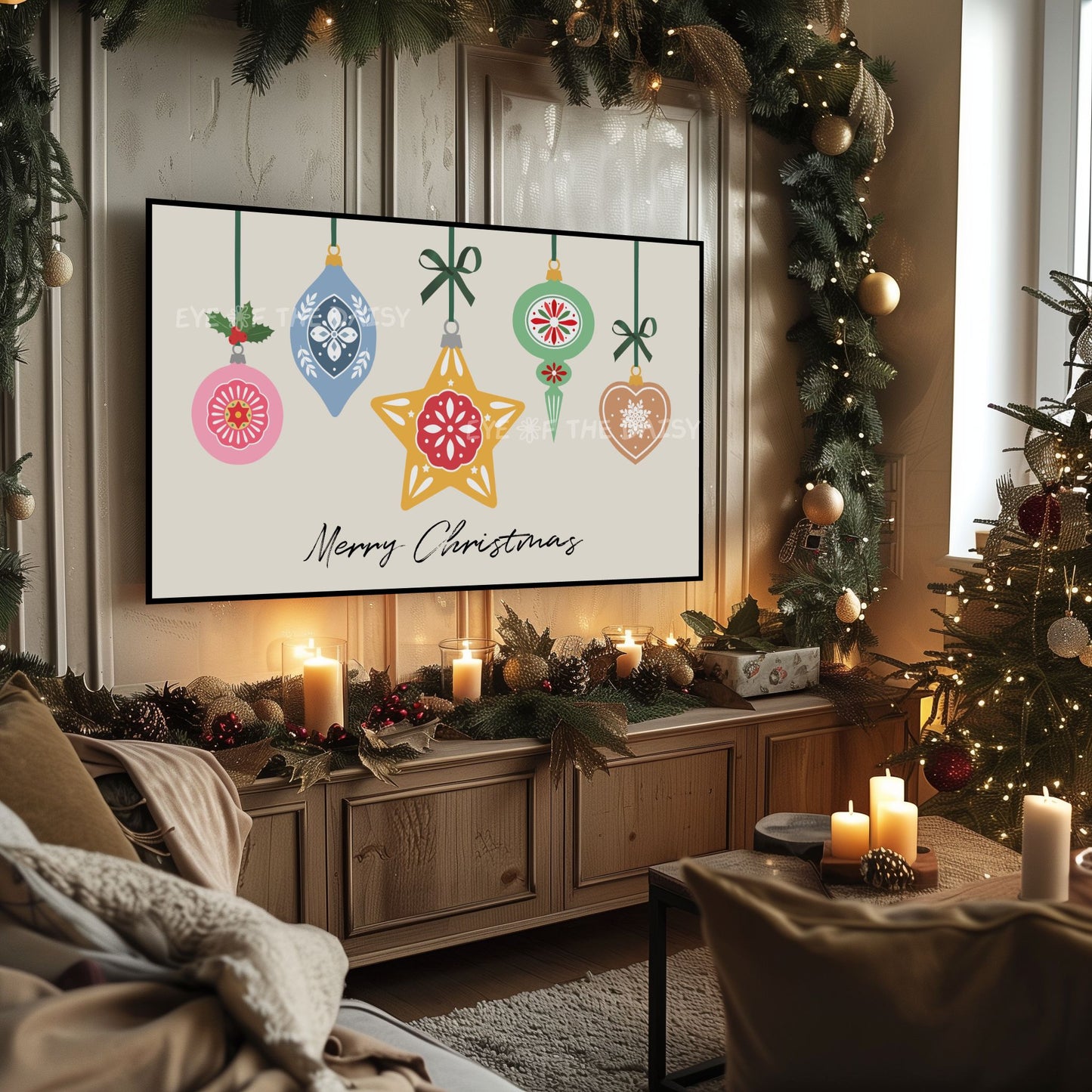 Merry Christmas Ornaments 4K TV Art | Colourful Holiday 4K Art for TV Screen