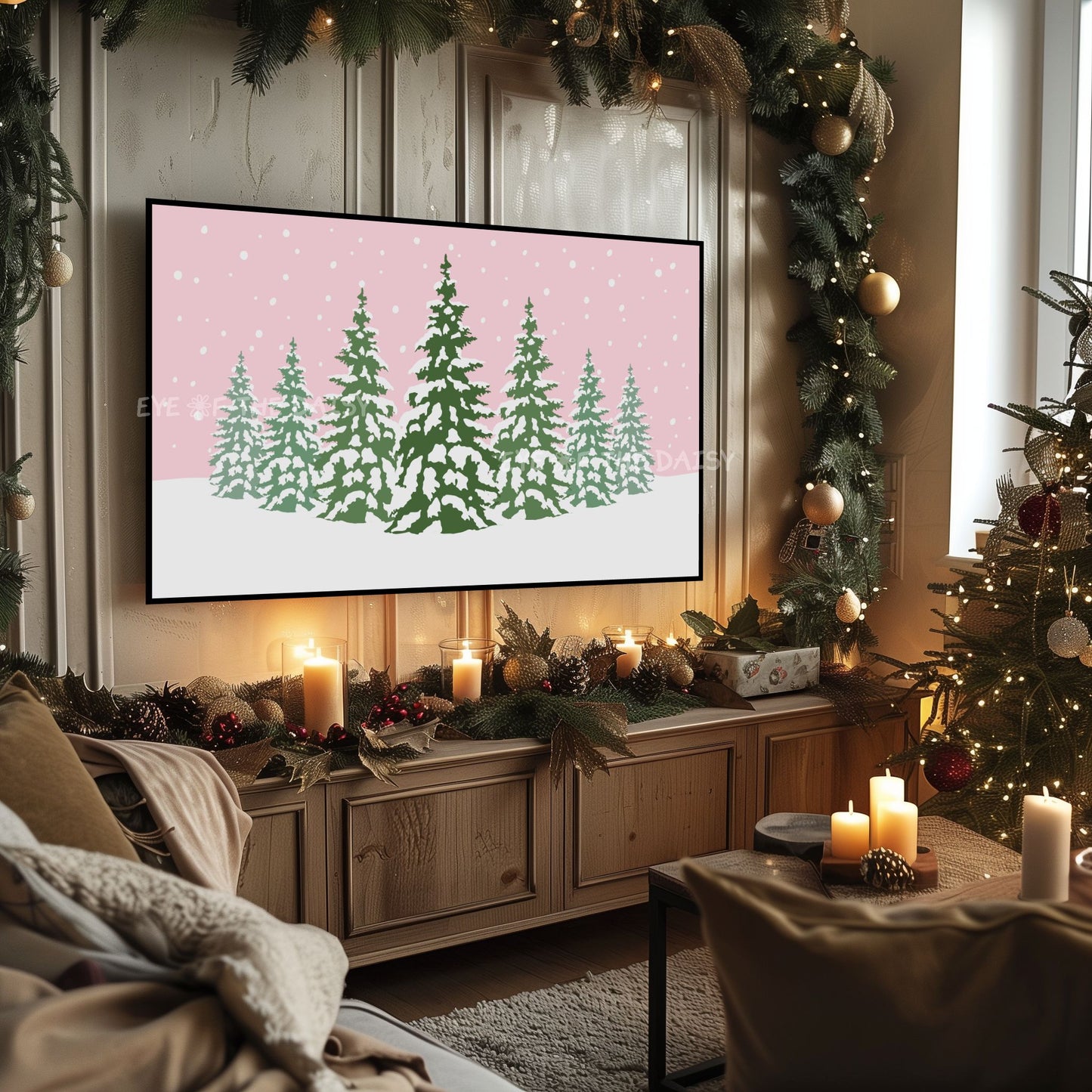 Pink Christmas Trees 4K TV Art | Cute Pink Holiday Snowy Landscape TV Artwork 4K