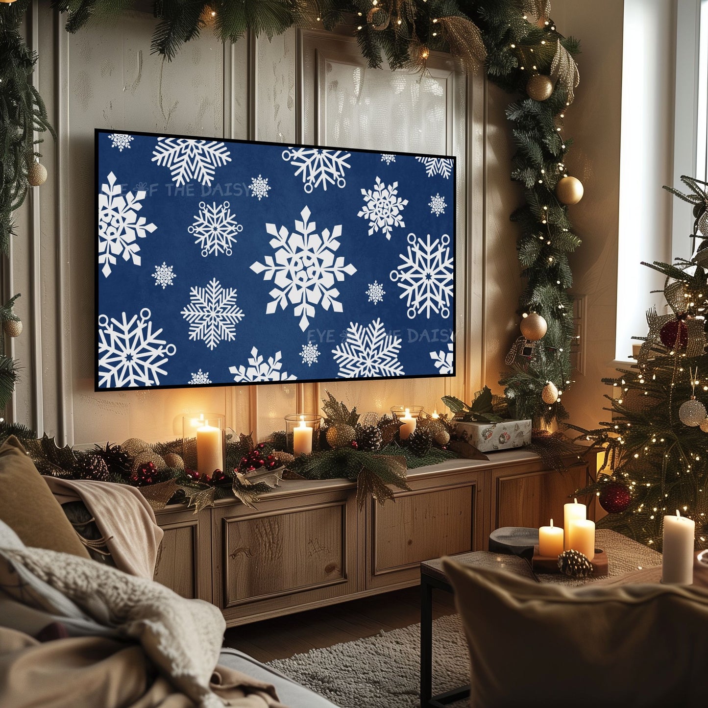 Navy Blue White Snowflakes Christmas 4K TV Art | Minimal Holiday TV Artwork 4K