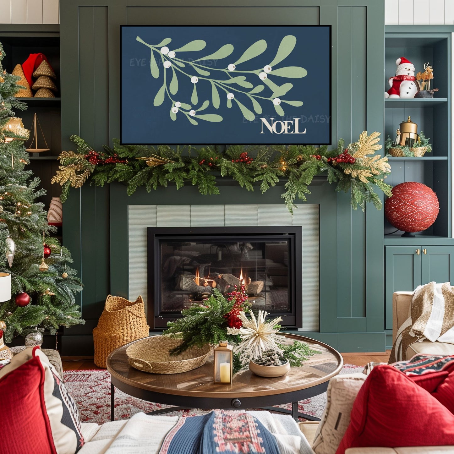 Navy Blue Christmas Botanical 4K TV Art | Holiday Mistletoe Art for TV Screen 4K