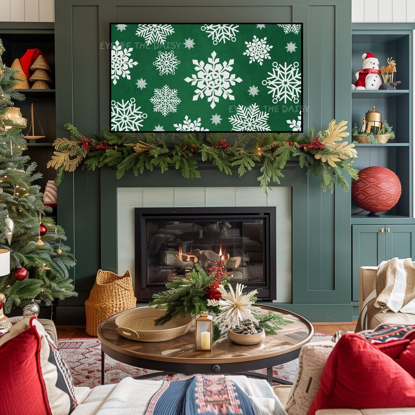 Dark Green Snowflakes Christmas TV Art 4K | Traditional Holiday 4K TV Artwork