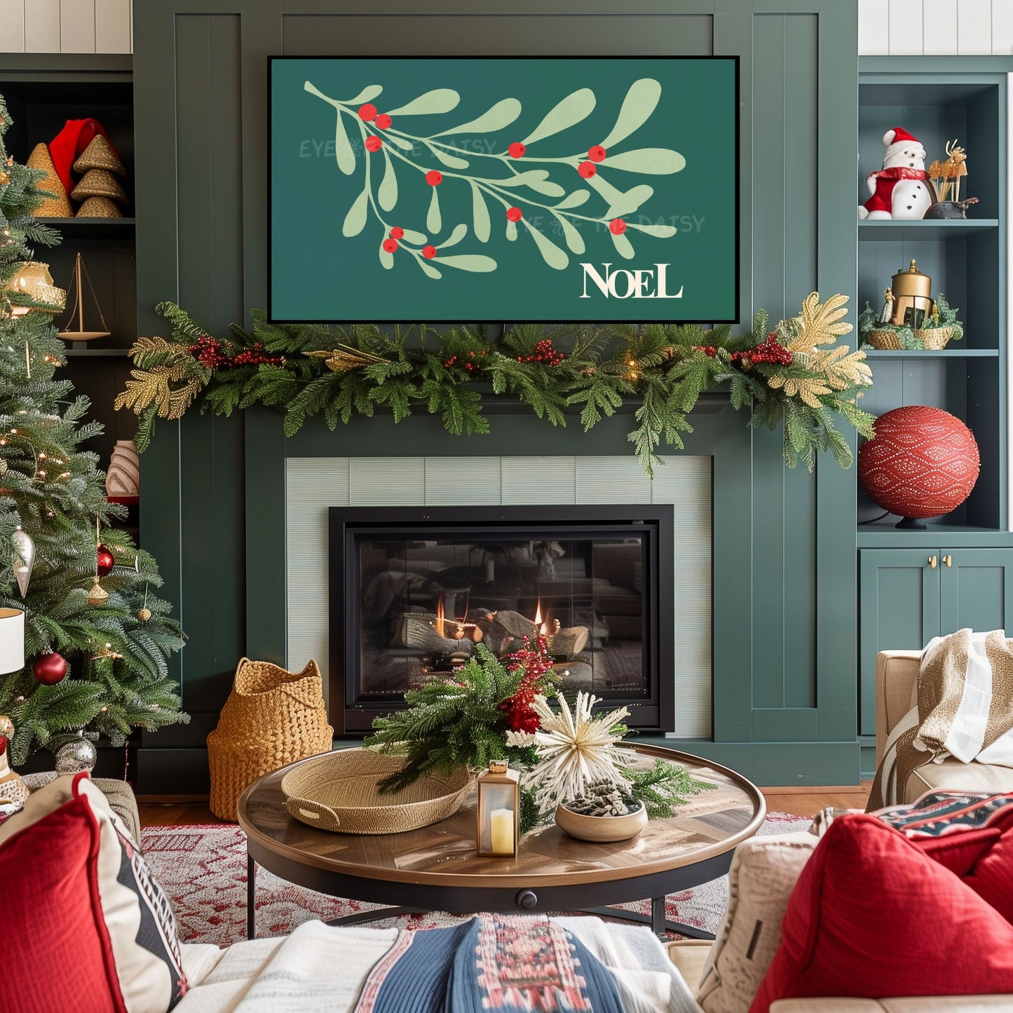 Dark Green Red Christmas Botanical 4K TV Art | Traditional Holiday Mistletoe 4K TV Art