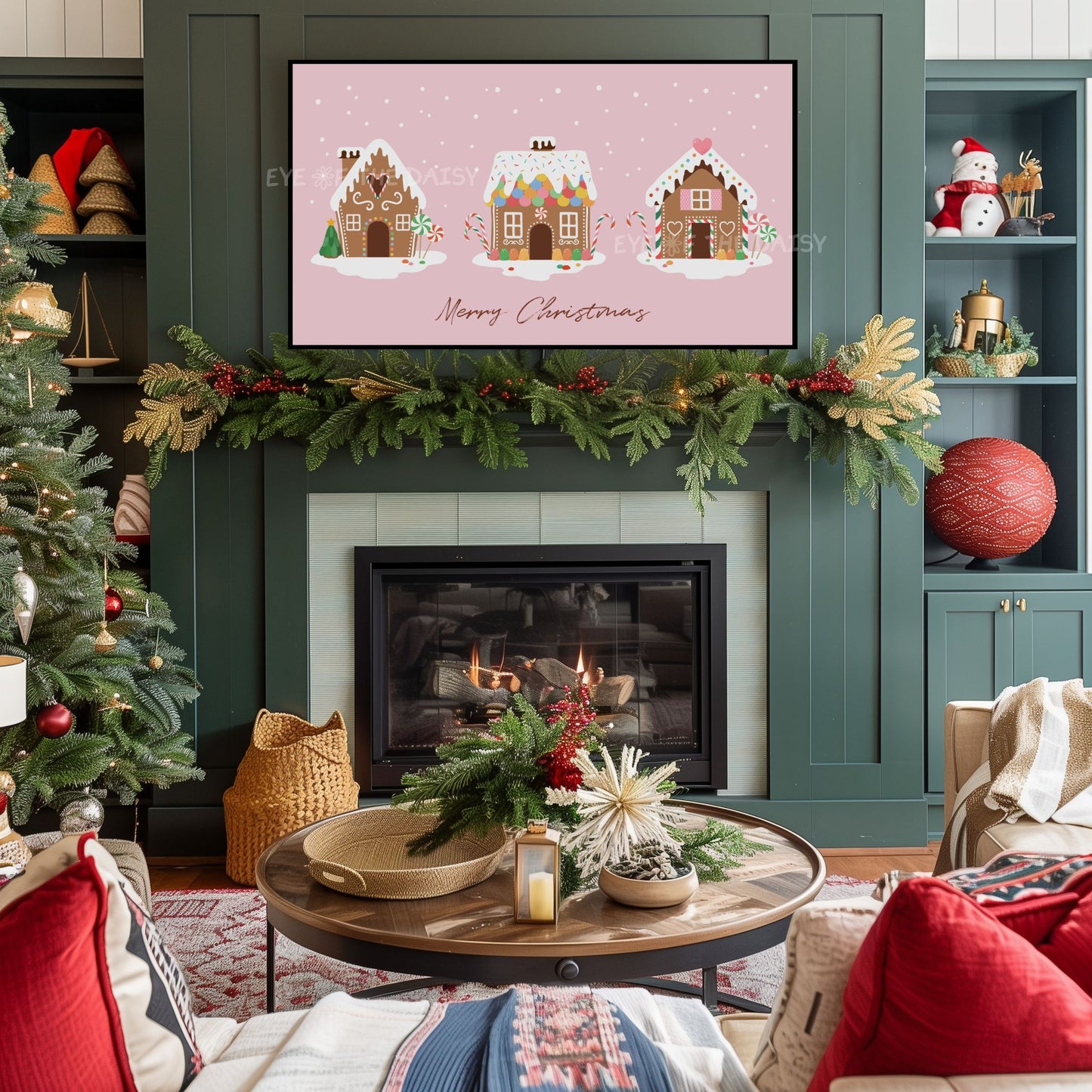 Pastel Pink Christmas Phrase 4K TV Art | Holiday Gingerbread Houses 4K Art for TV Screen