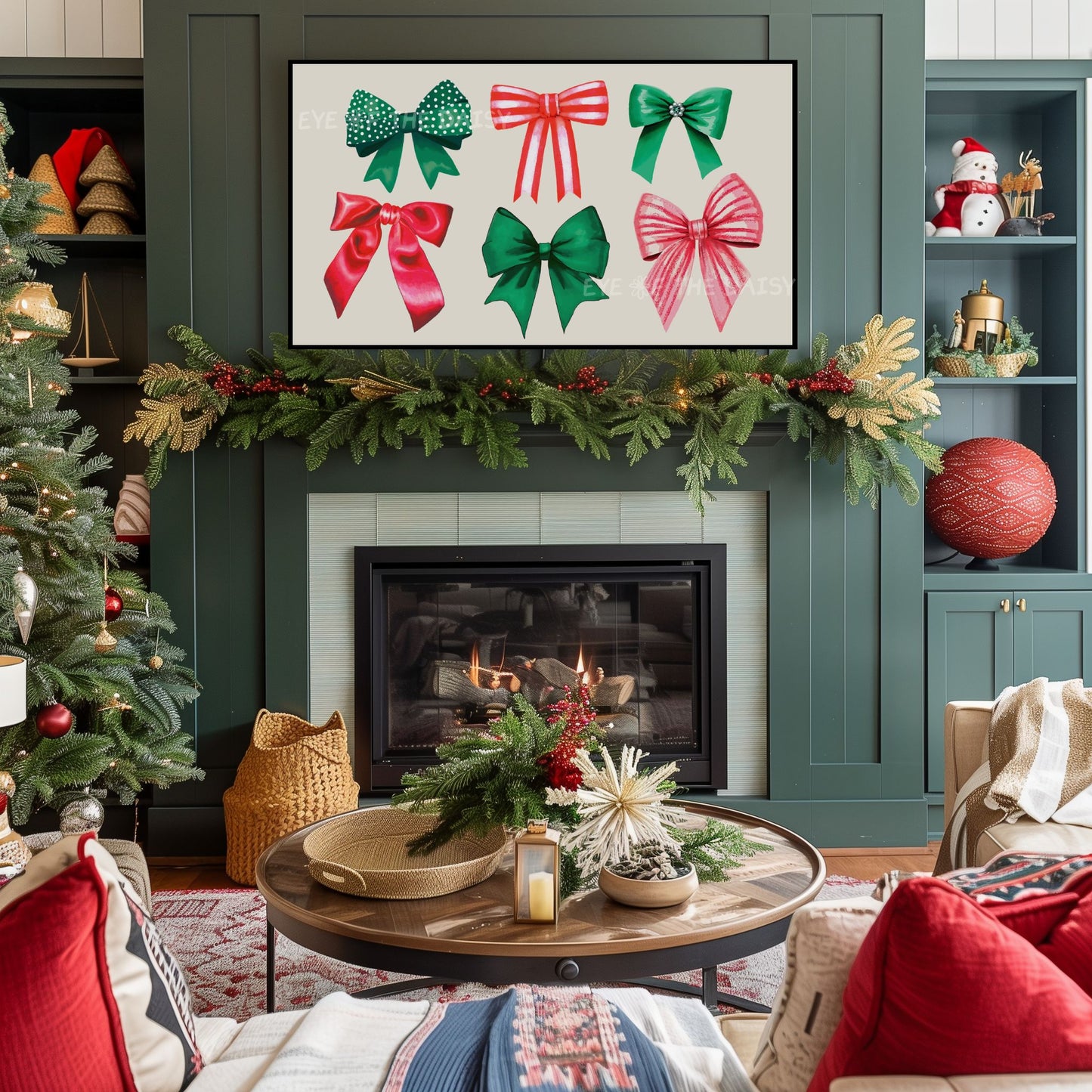 Red Green Bows & Ribbons 4K TV Art | Traditional Christmas Art for TV Screen