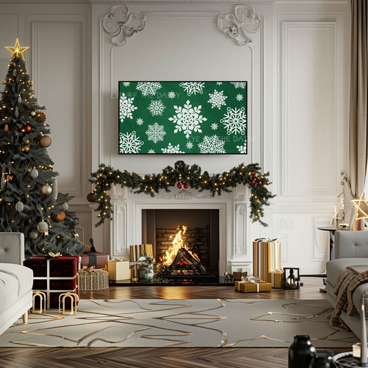 Dark Green Snowflakes Christmas TV Art 4K | Traditional Holiday 4K TV Artwork