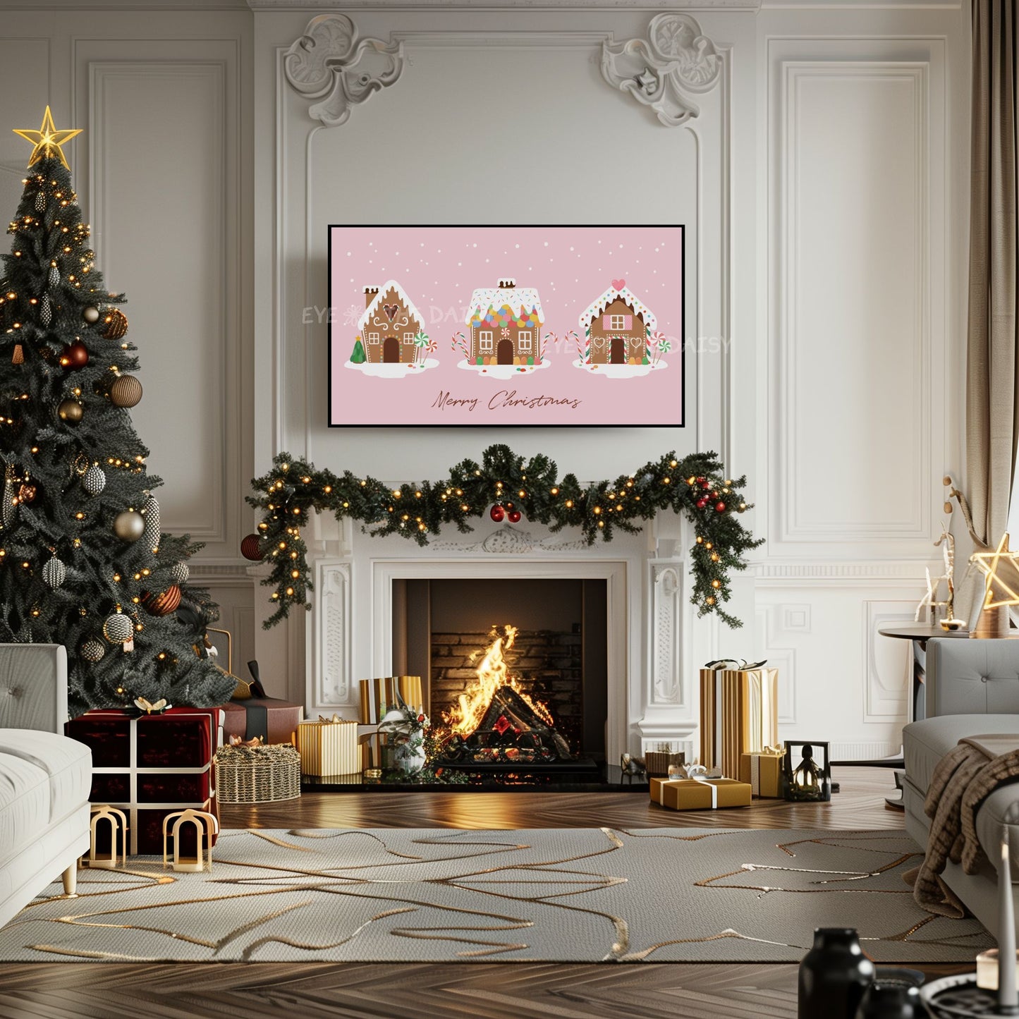 Pastel Pink Christmas Phrase 4K TV Art | Holiday Gingerbread Houses 4K Art for TV Screen