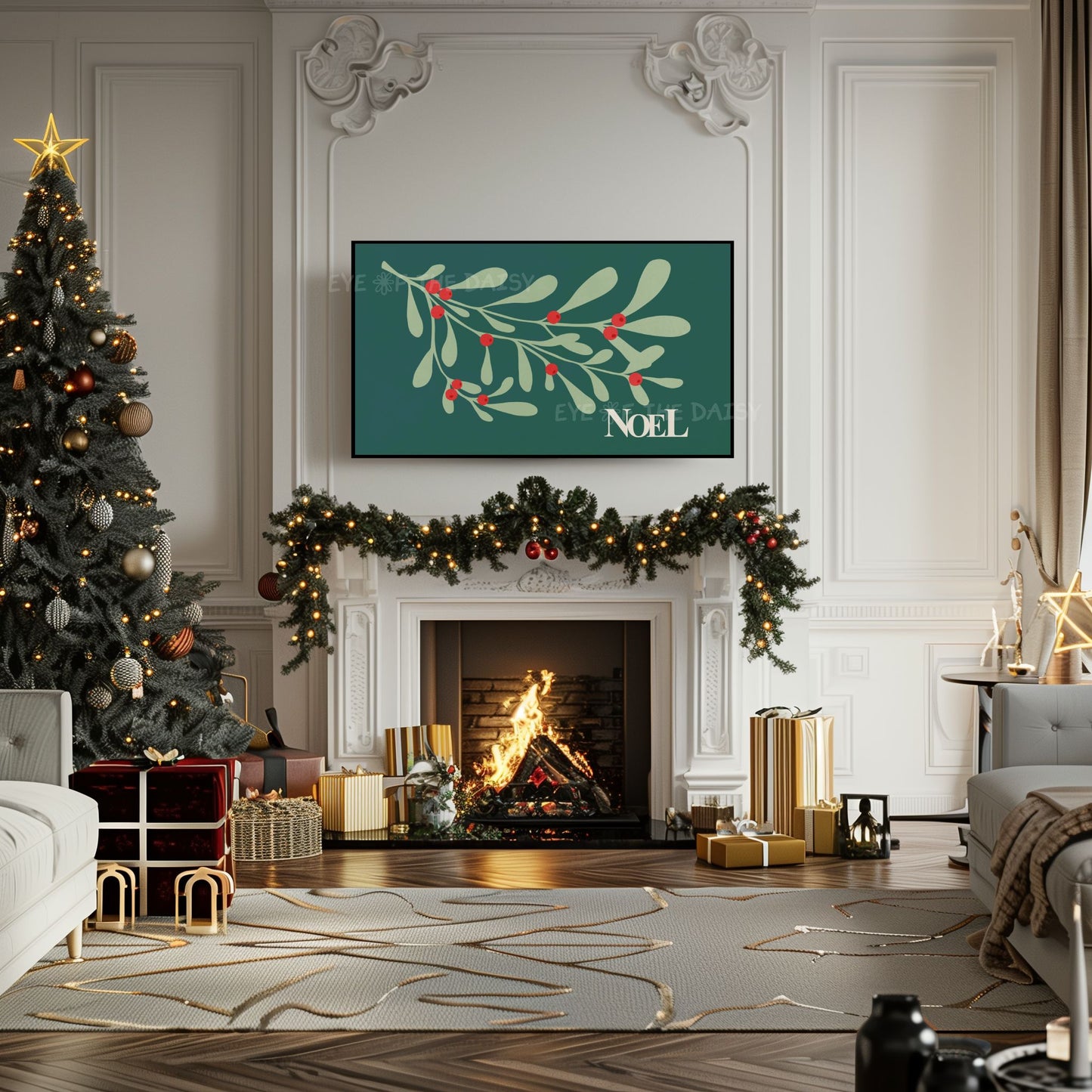 Dark Green Red Christmas Botanical 4K TV Art | Traditional Holiday Mistletoe 4K TV Art