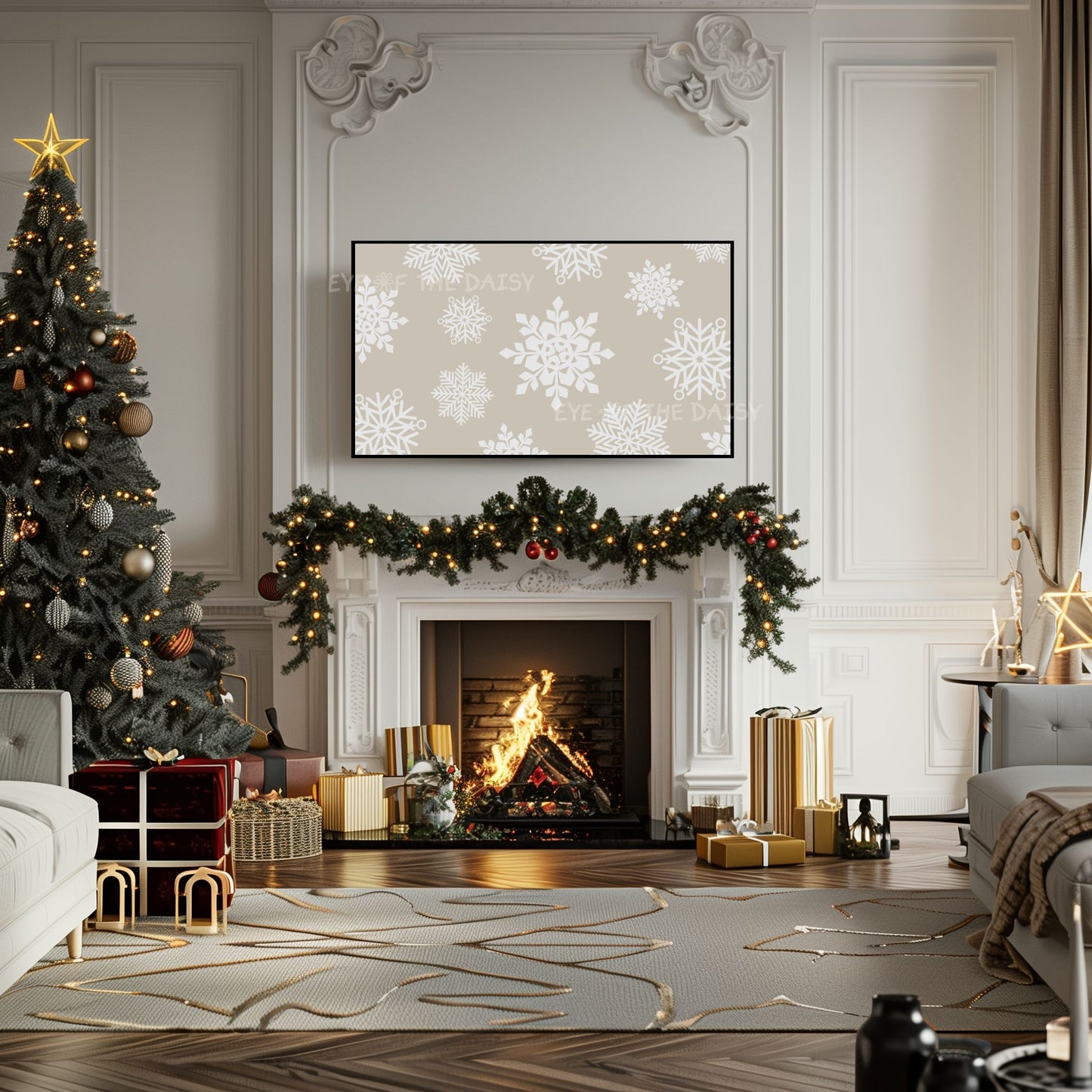 Beige White Neutral Christmas 4K TV Art | Minimal Holiday Snowflakes TV Artwork 4K
