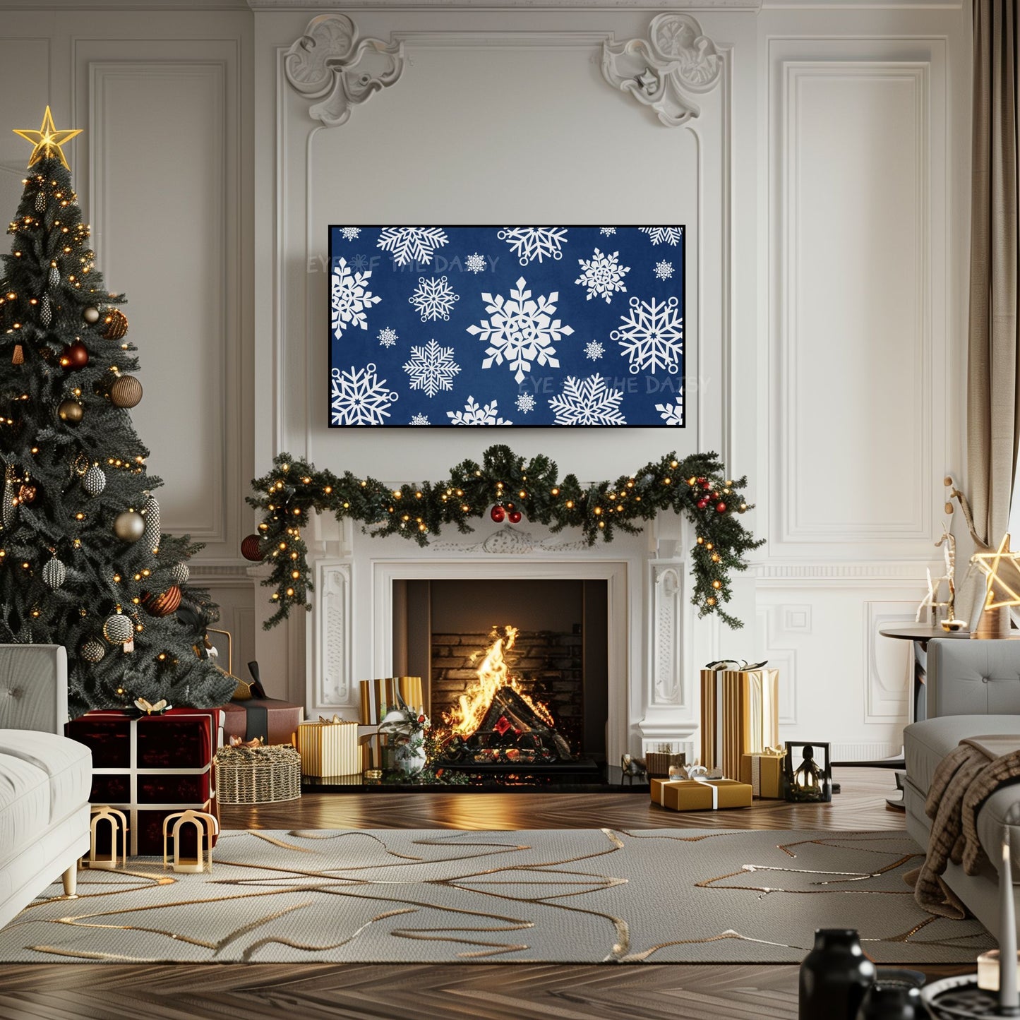 Navy Blue White Snowflakes Christmas 4K TV Art | Minimal Holiday TV Artwork 4K