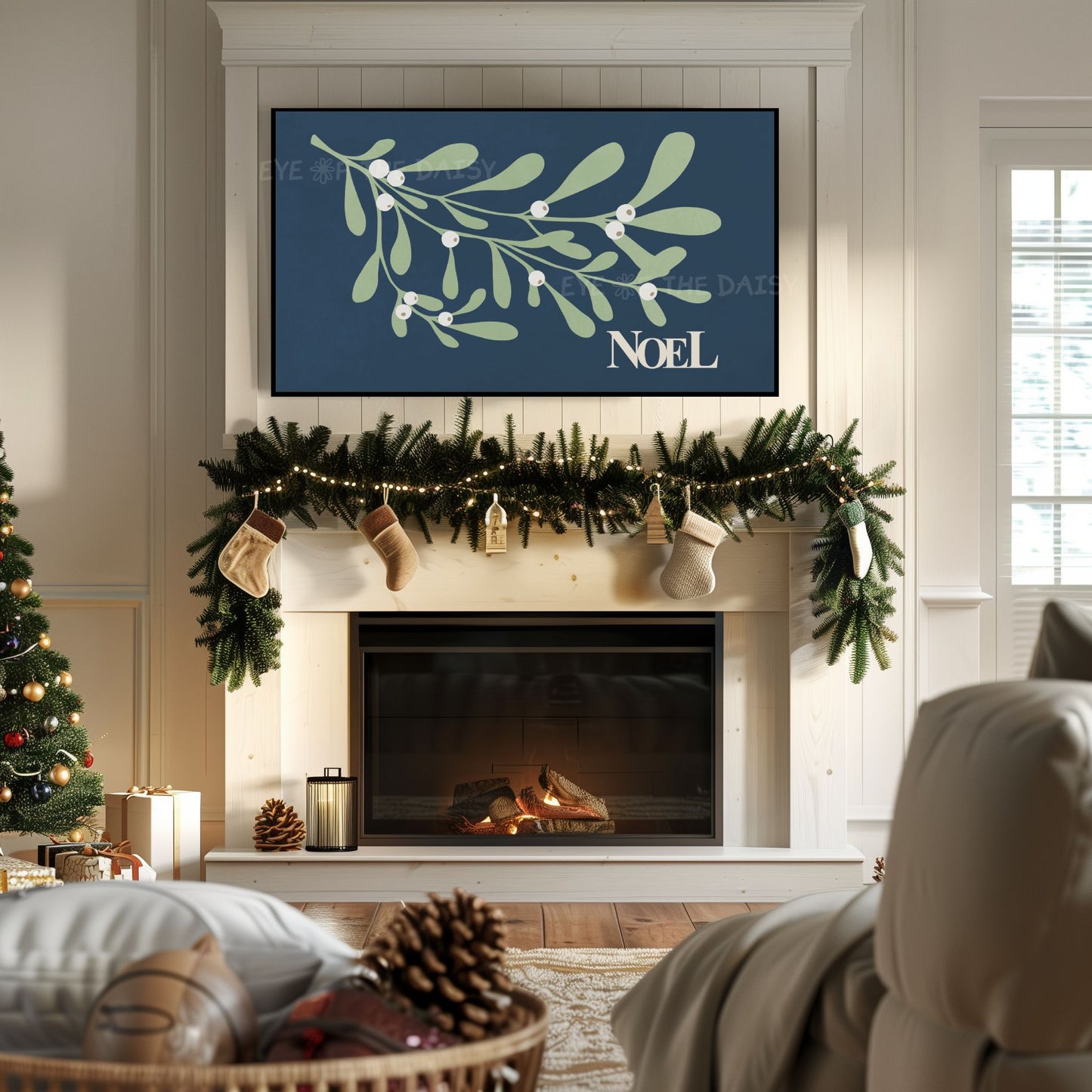 Navy Blue Christmas Botanical 4K TV Art | Holiday Mistletoe Art for TV Screen 4K