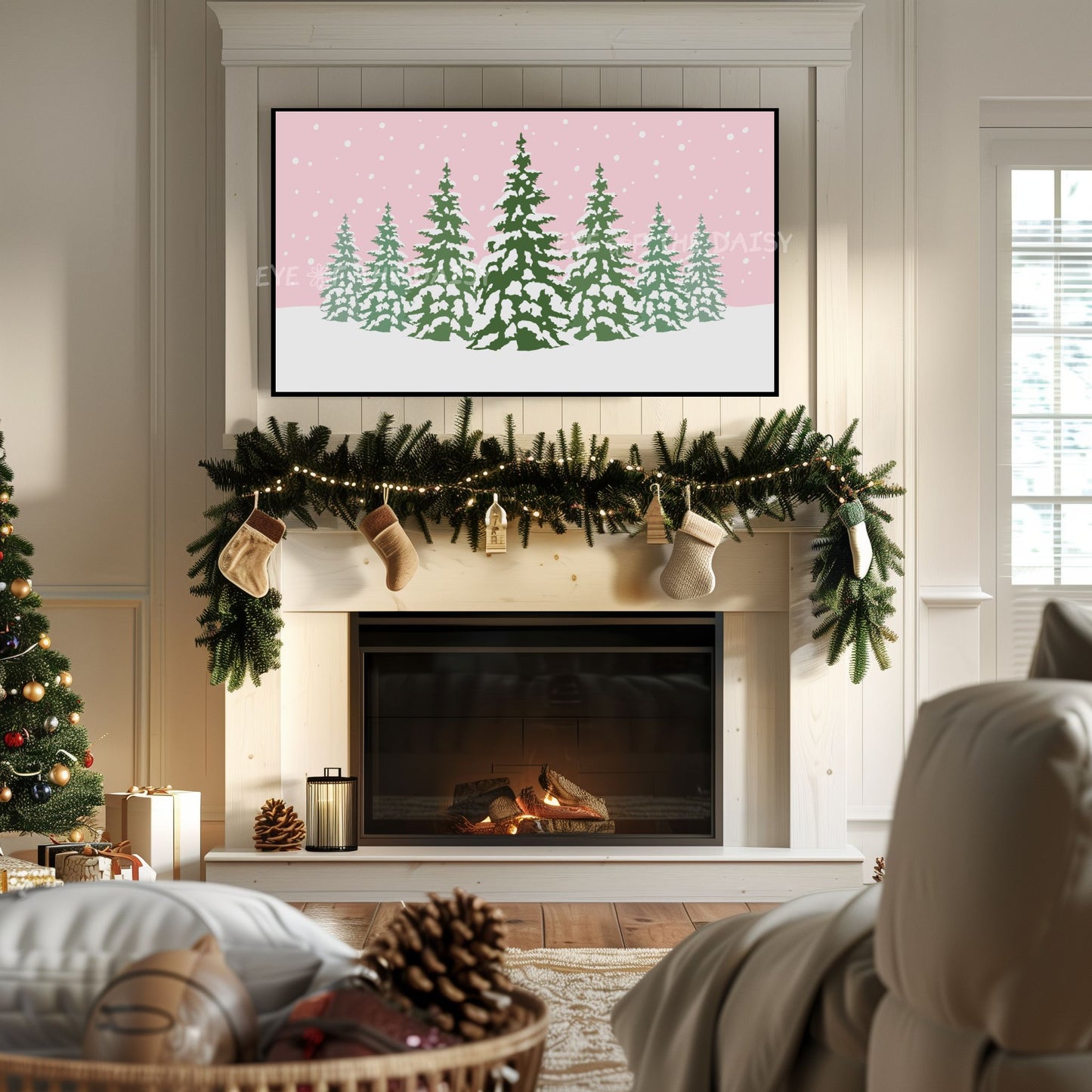 Pink Christmas Trees 4K TV Art | Cute Pink Holiday Snowy Landscape TV Artwork 4K