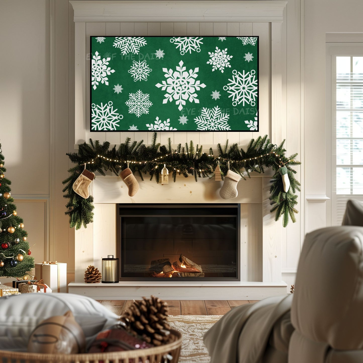 Dark Green Snowflakes Christmas TV Art 4K | Traditional Holiday 4K TV Artwork