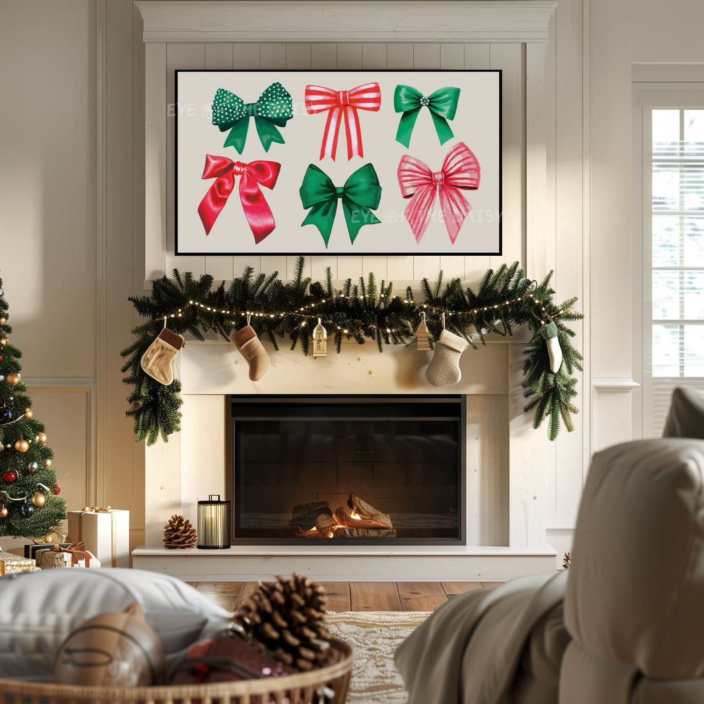 Red Green Bows & Ribbons 4K TV Art | Traditional Christmas Art for TV Screen