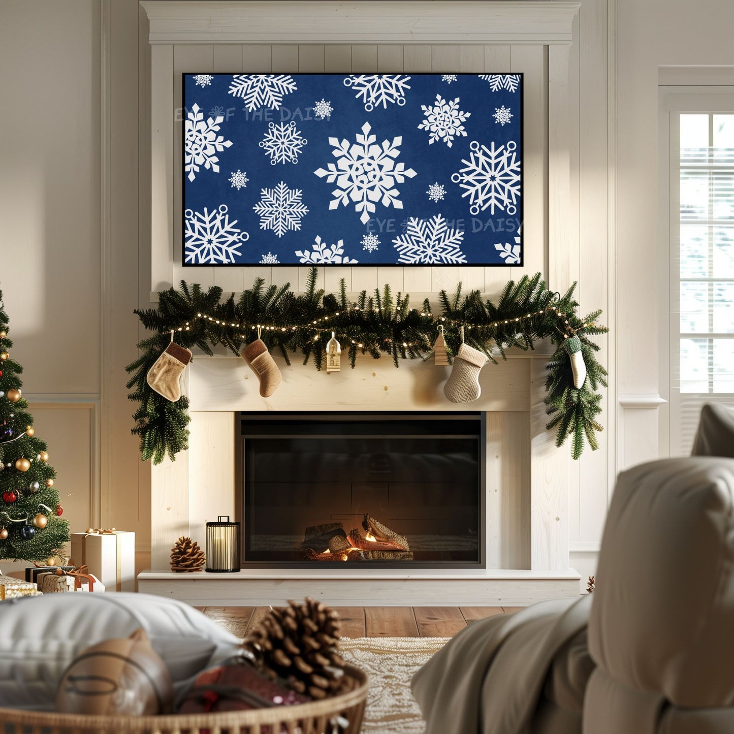 Navy Blue White Snowflakes Christmas 4K TV Art | Minimal Holiday TV Artwork 4K