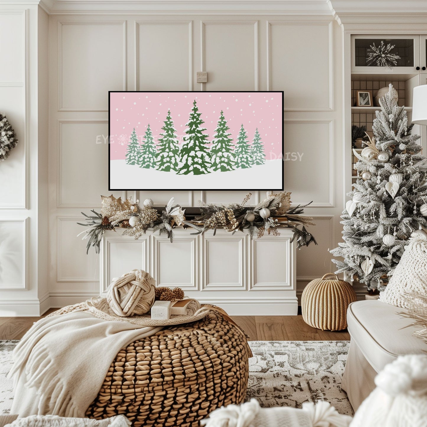 Pink Christmas Trees 4K TV Art | Cute Pink Holiday Snowy Landscape TV Artwork 4K