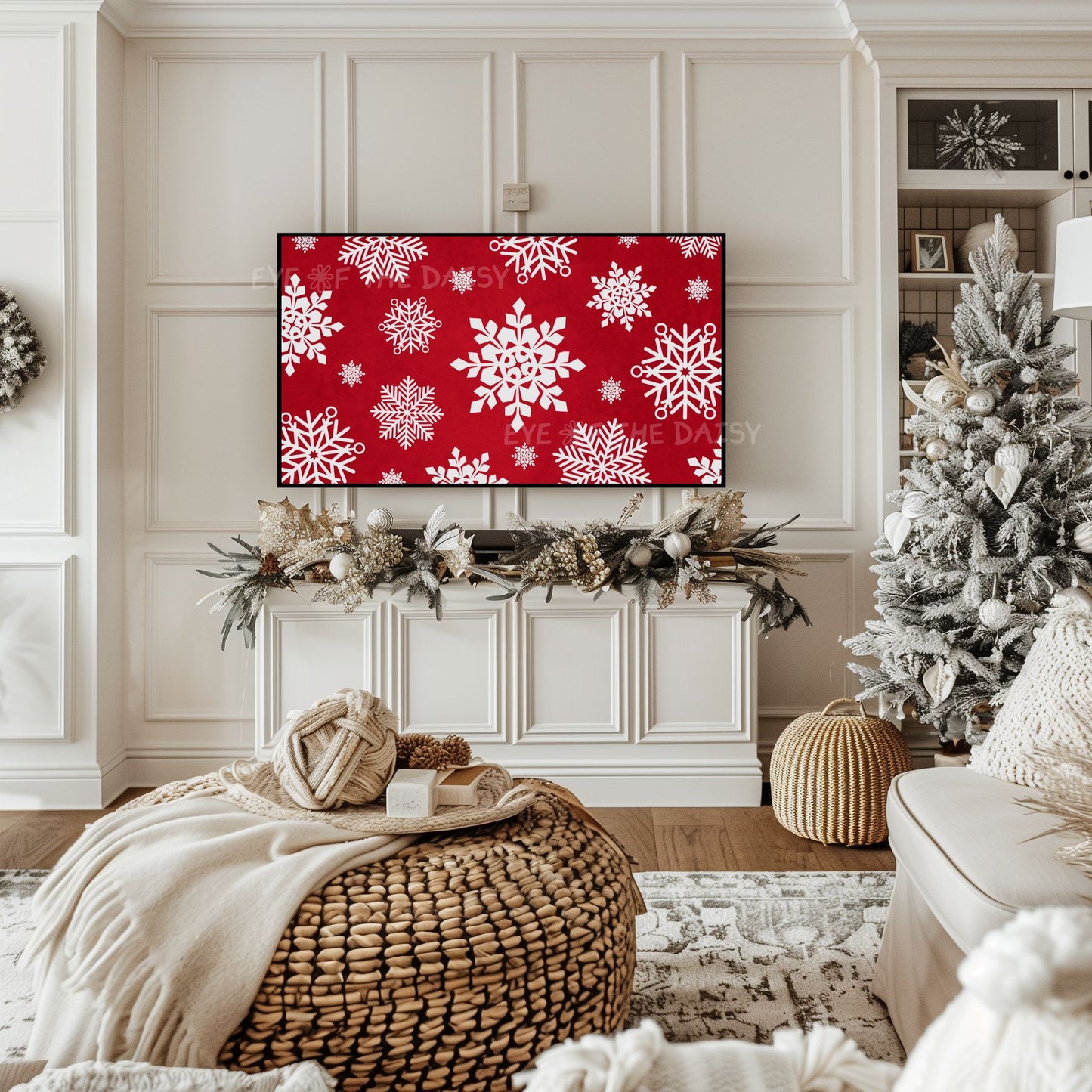 Red White Snowflakes Christmas 4K TV Art | Traditional Holiday TV Artwork 4K