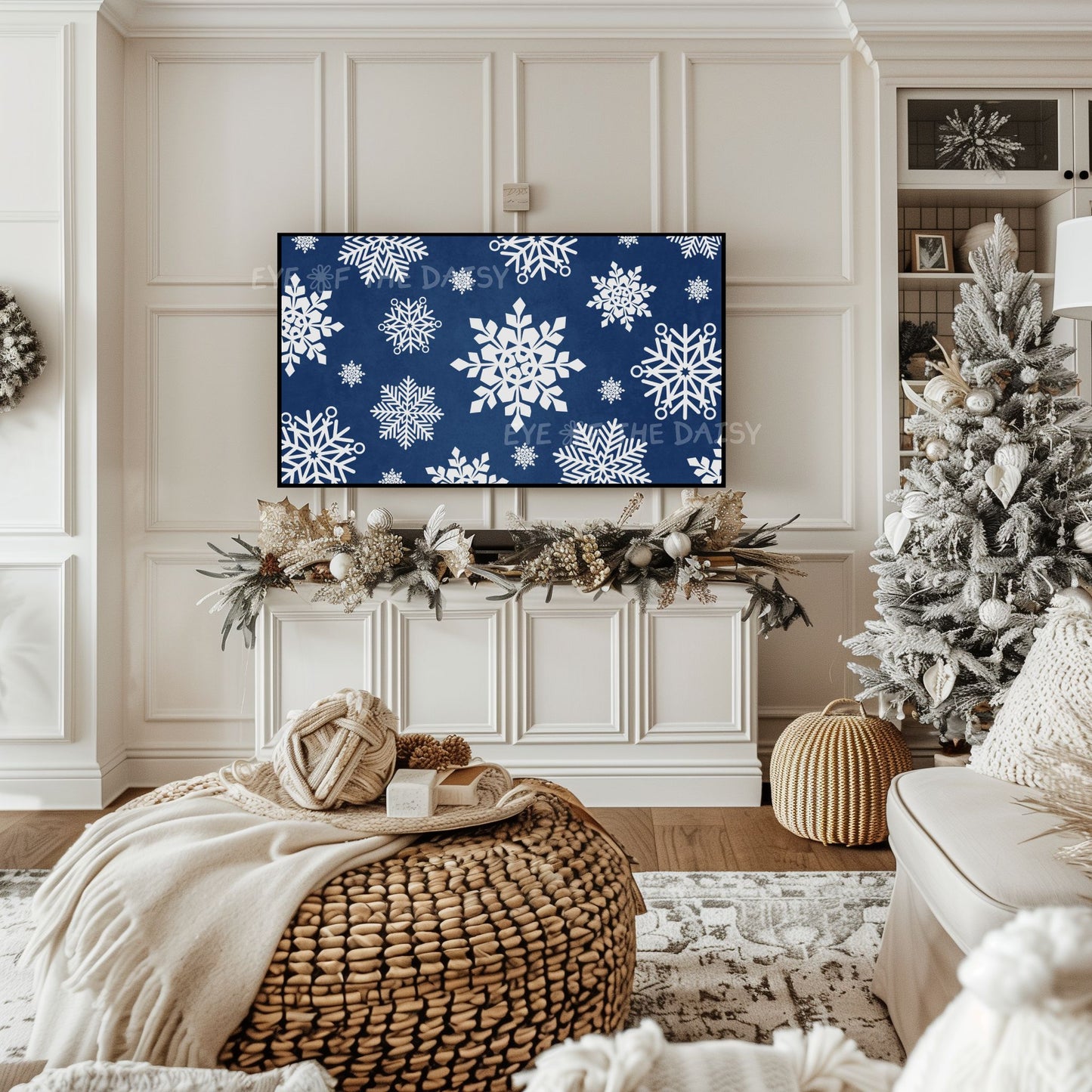 Navy Blue White Snowflakes Christmas 4K TV Art | Minimal Holiday TV Artwork 4K