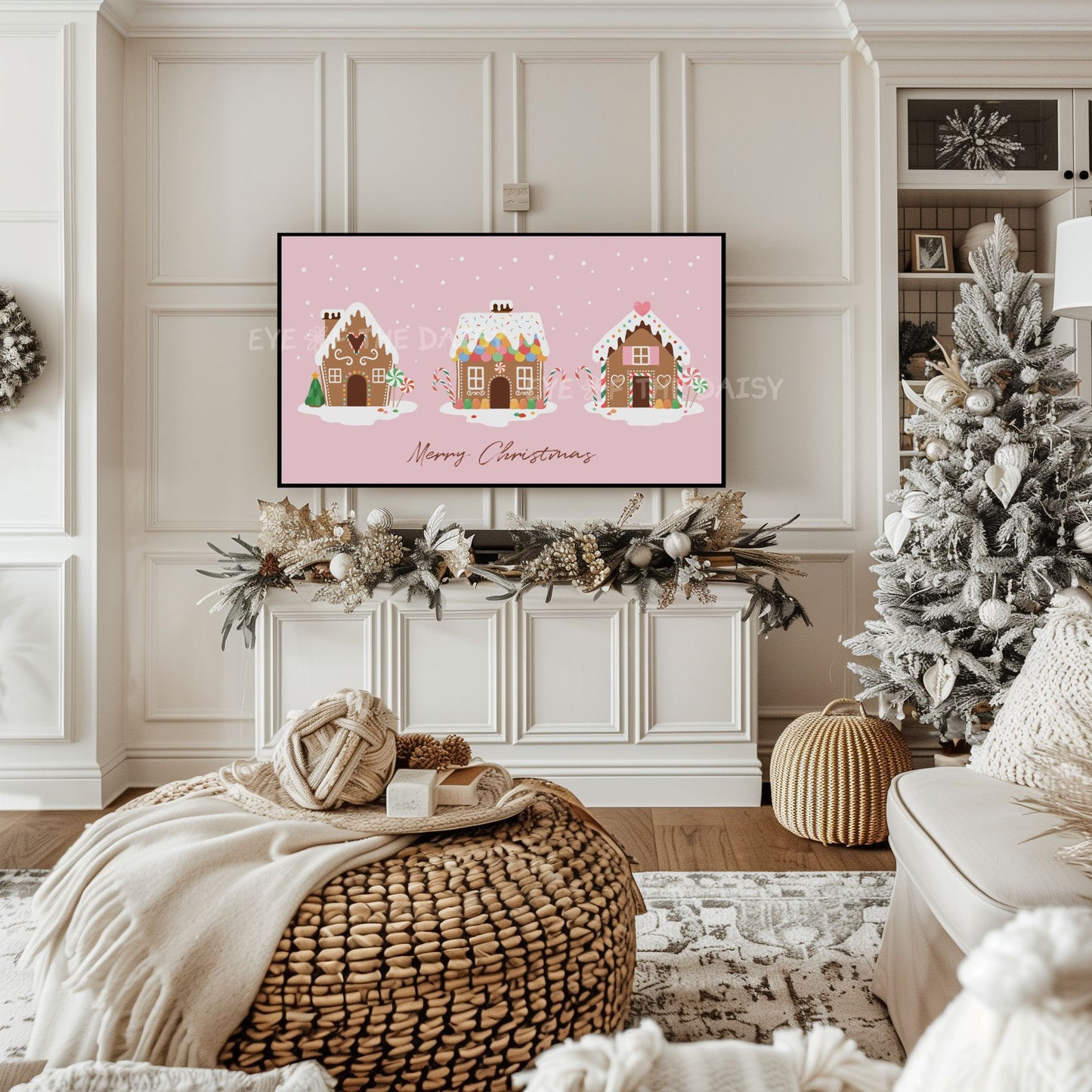 Pastel Pink Christmas Phrase 4K TV Art | Holiday Gingerbread Houses 4K Art for TV Screen