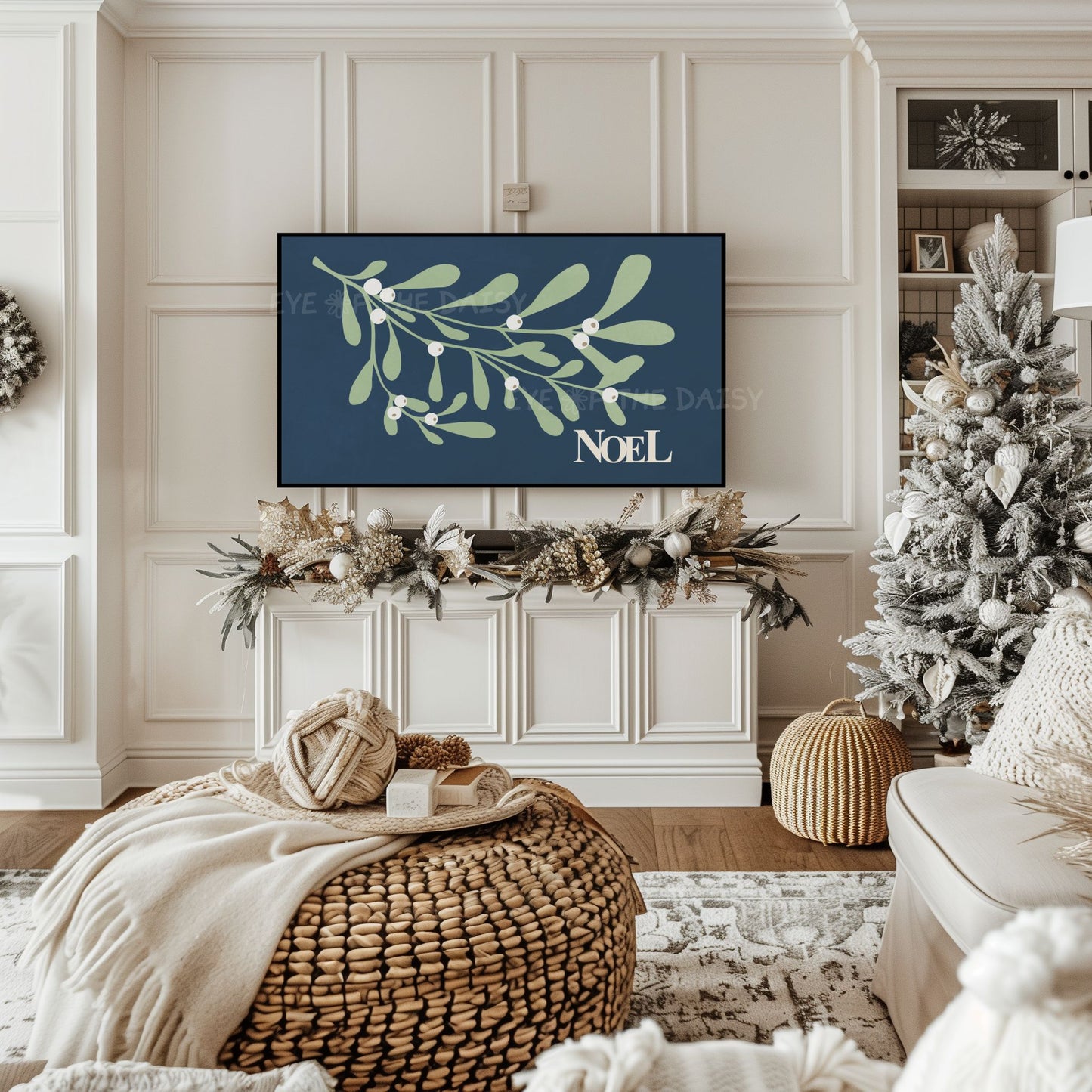 Navy Blue Christmas Botanical 4K TV Art | Holiday Mistletoe Art for TV Screen 4K