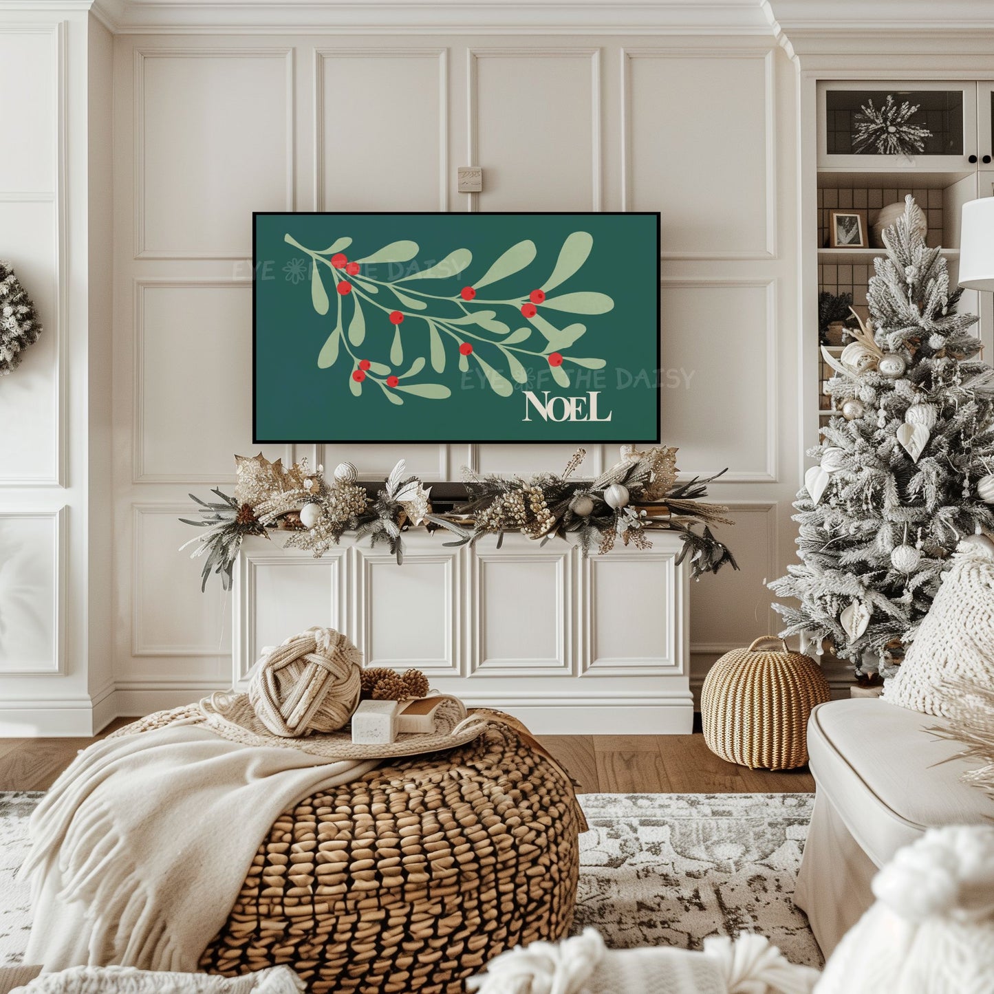 Dark Green Red Christmas Botanical 4K TV Art | Traditional Holiday Mistletoe 4K TV Art