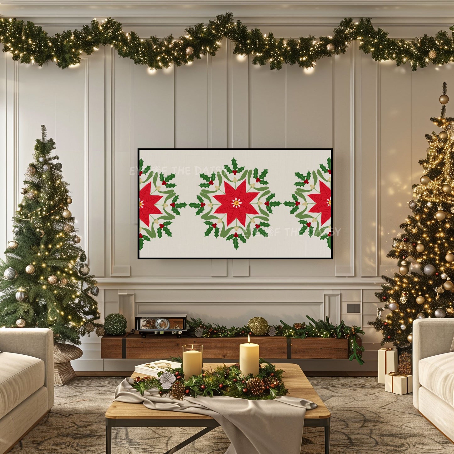 Christmas Mandala 4K TV Art | Traditional Holiday Poinsettia Holly Mistletoe TV Artwork