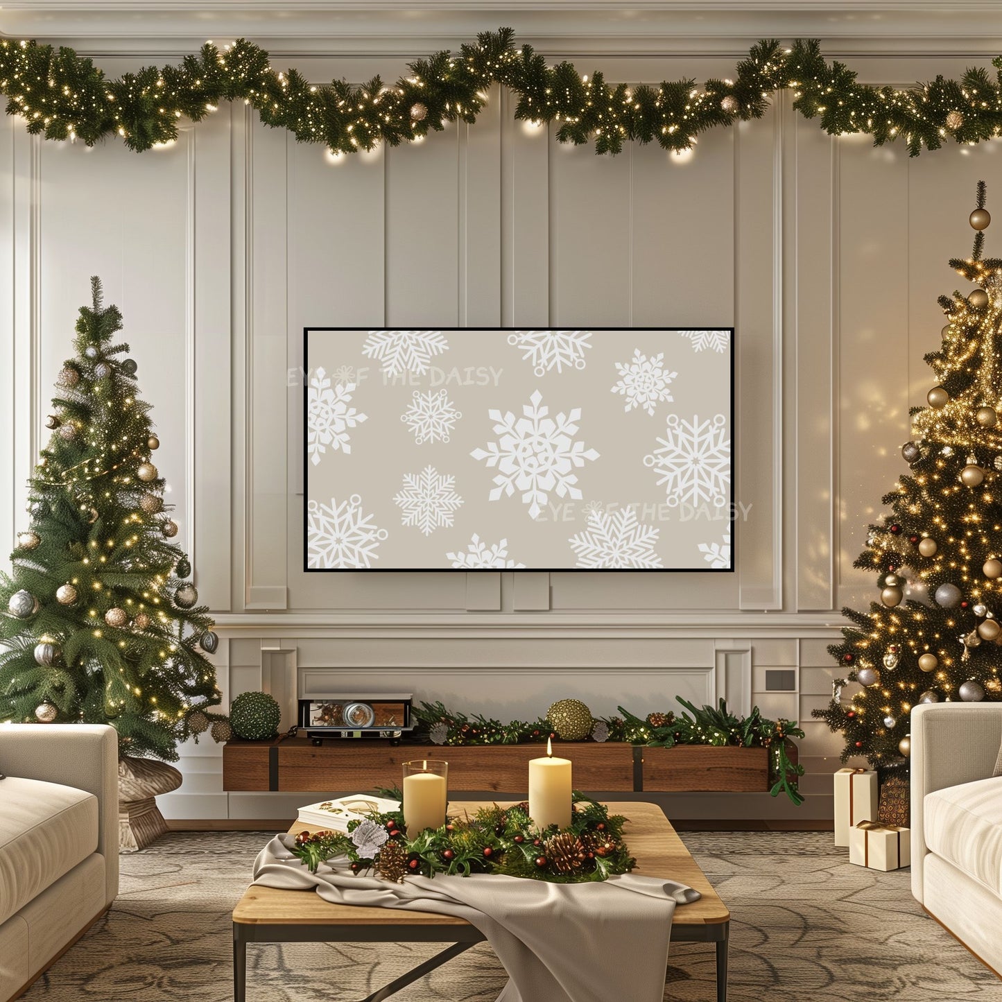 Beige White Neutral Christmas 4K TV Art | Minimal Holiday Snowflakes TV Artwork 4K