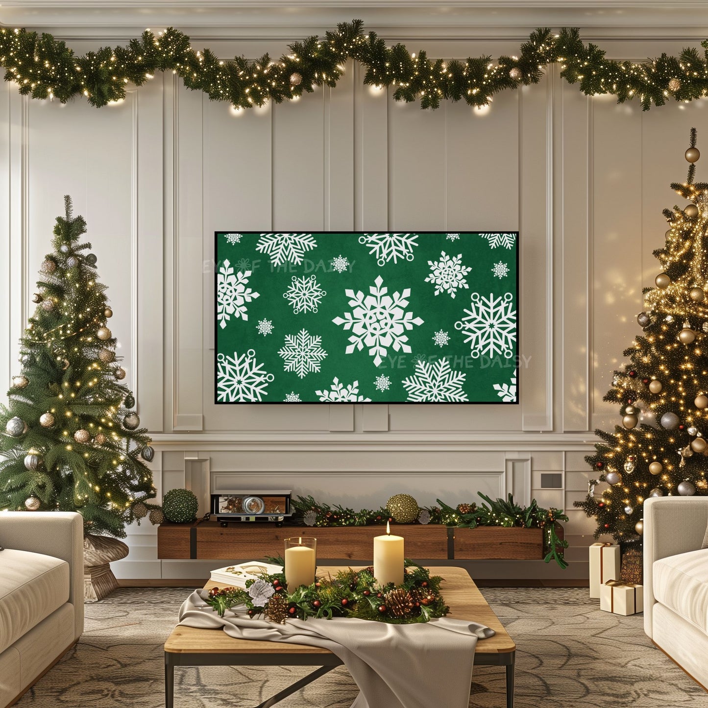 Dark Green Snowflakes Christmas TV Art 4K | Traditional Holiday 4K TV Artwork