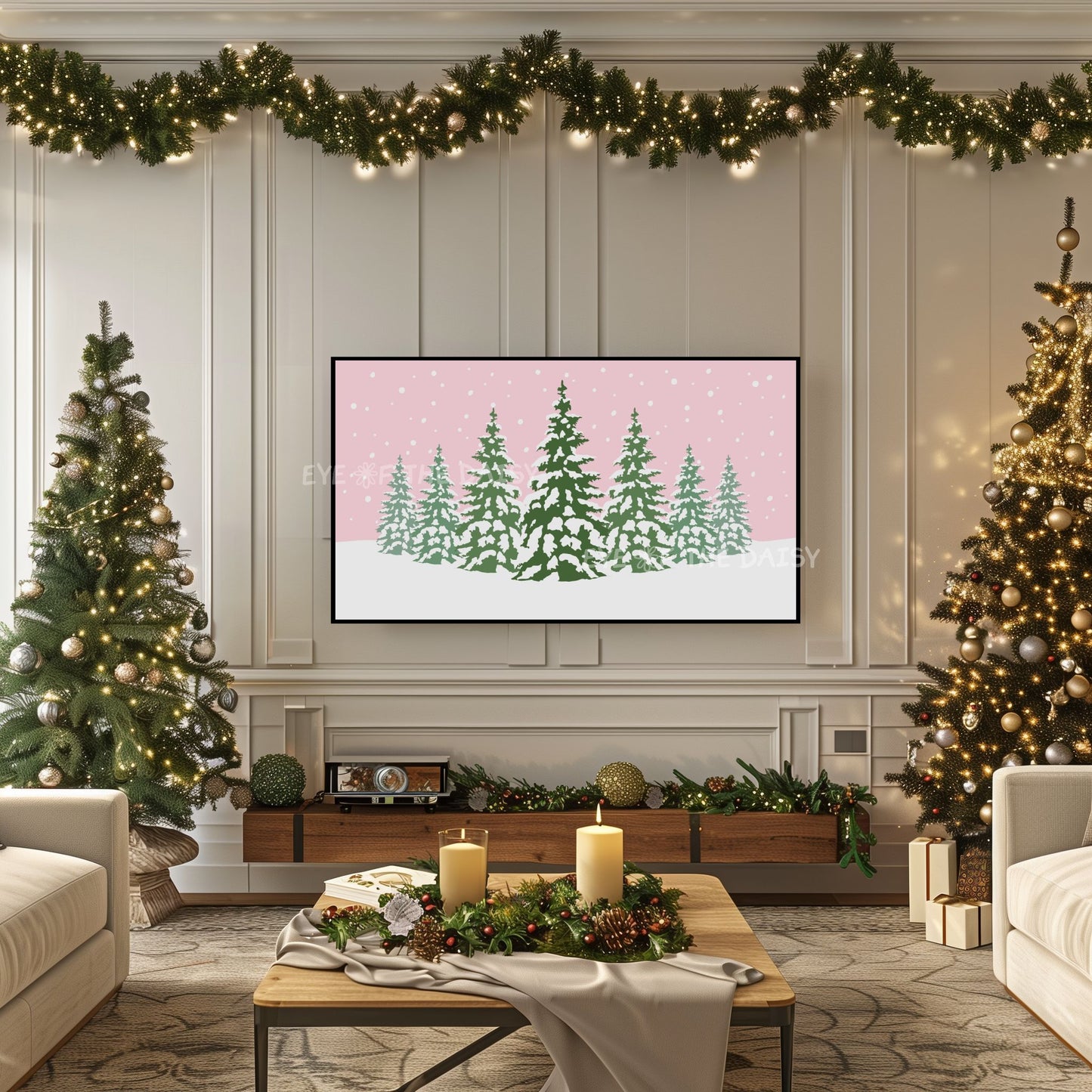 Pink Christmas Trees 4K TV Art | Cute Pink Holiday Snowy Landscape TV Artwork 4K